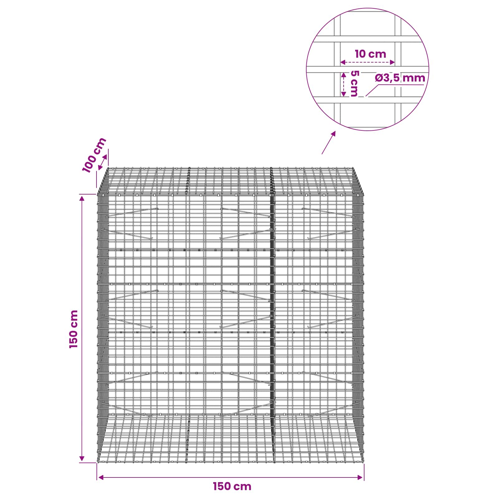 Gabion z 3,5 mm žico in 5x10 cm mrežo 150x100x150 cm