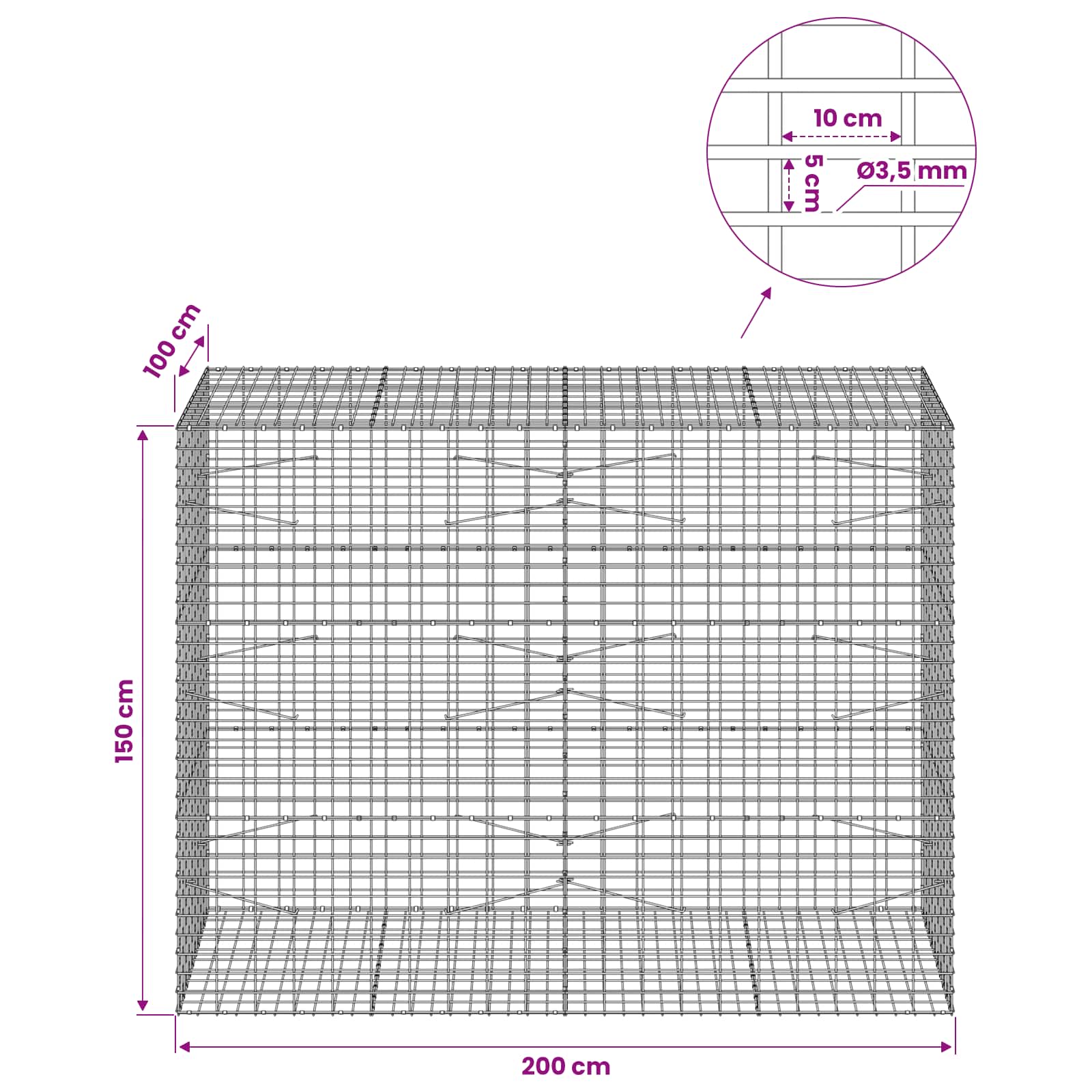 Gabion z 3,5 mm žico in 5x10 cm mrežo 200x100x150 cm