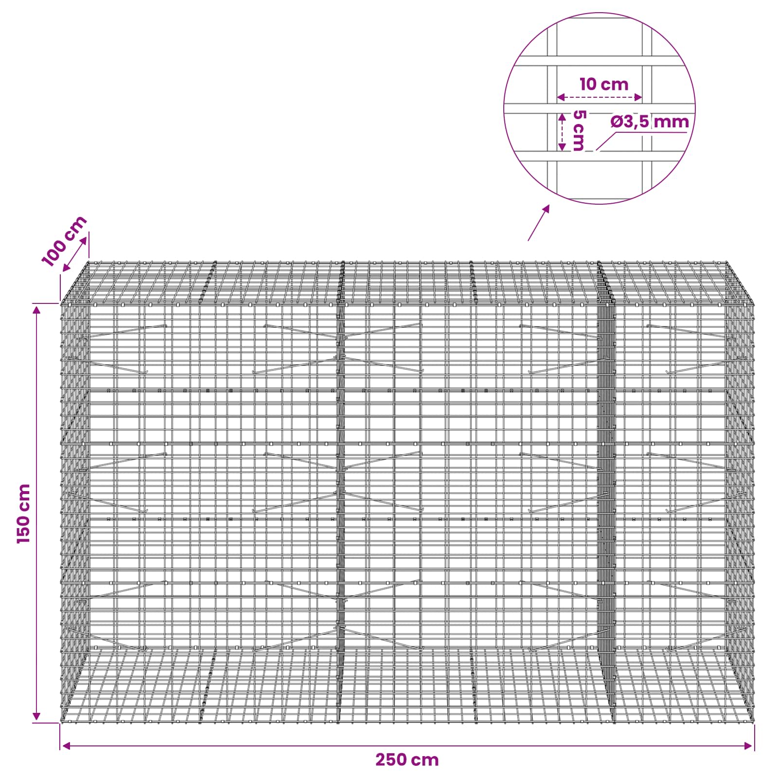 Gabion z 3,5 mm žico in 5x10 cm mrežo 250x100x150 cm