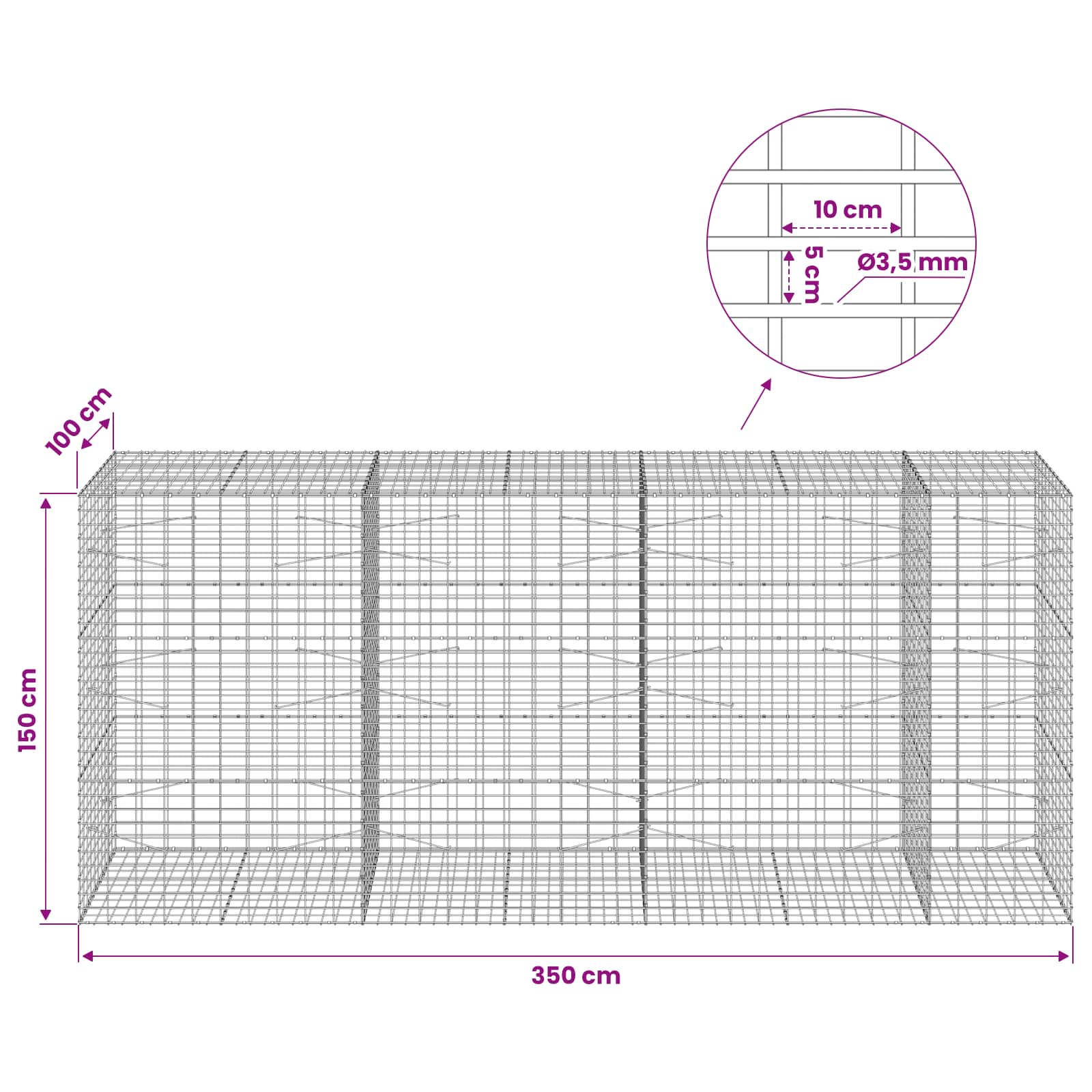 Gabion z 3,5 mm žico in 5x10 cm mrežo 350x100x150 cm