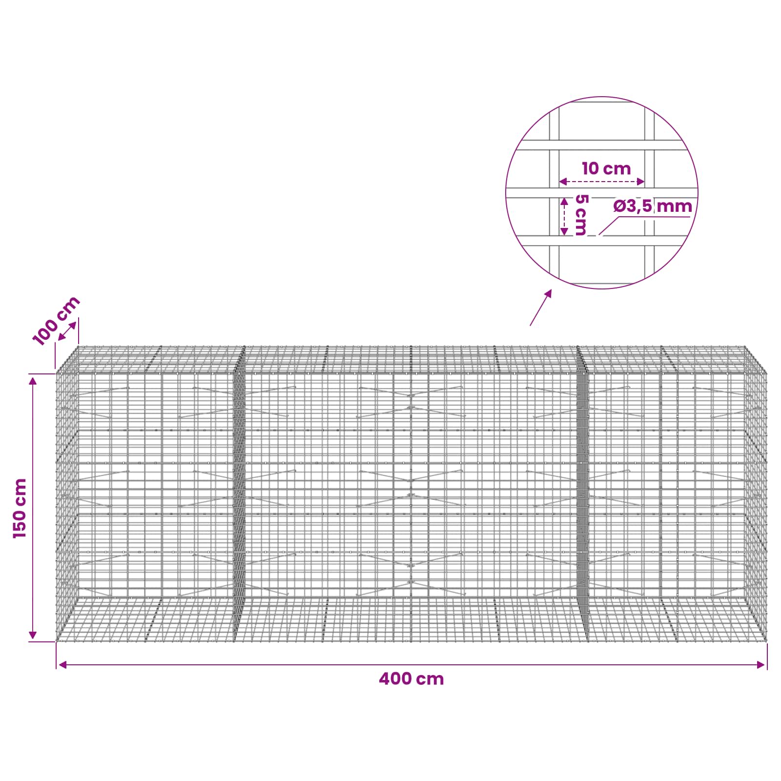 Gabion z 3,5 mm žico in 5x10 cm mrežo 400x100x150 cm