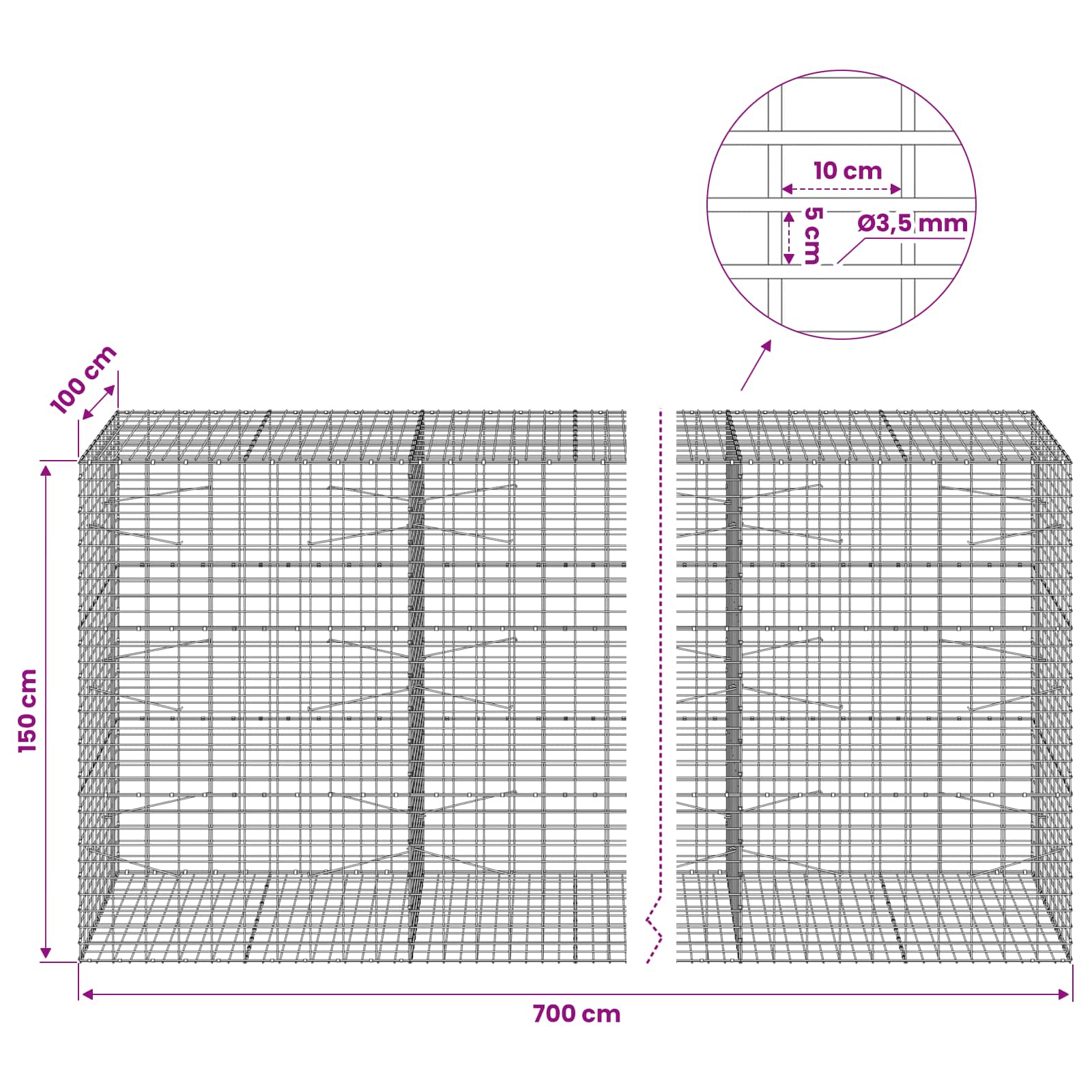 Gabion z 3,5 mm žico in 5x10 cm mrežo 700x100x150 cm