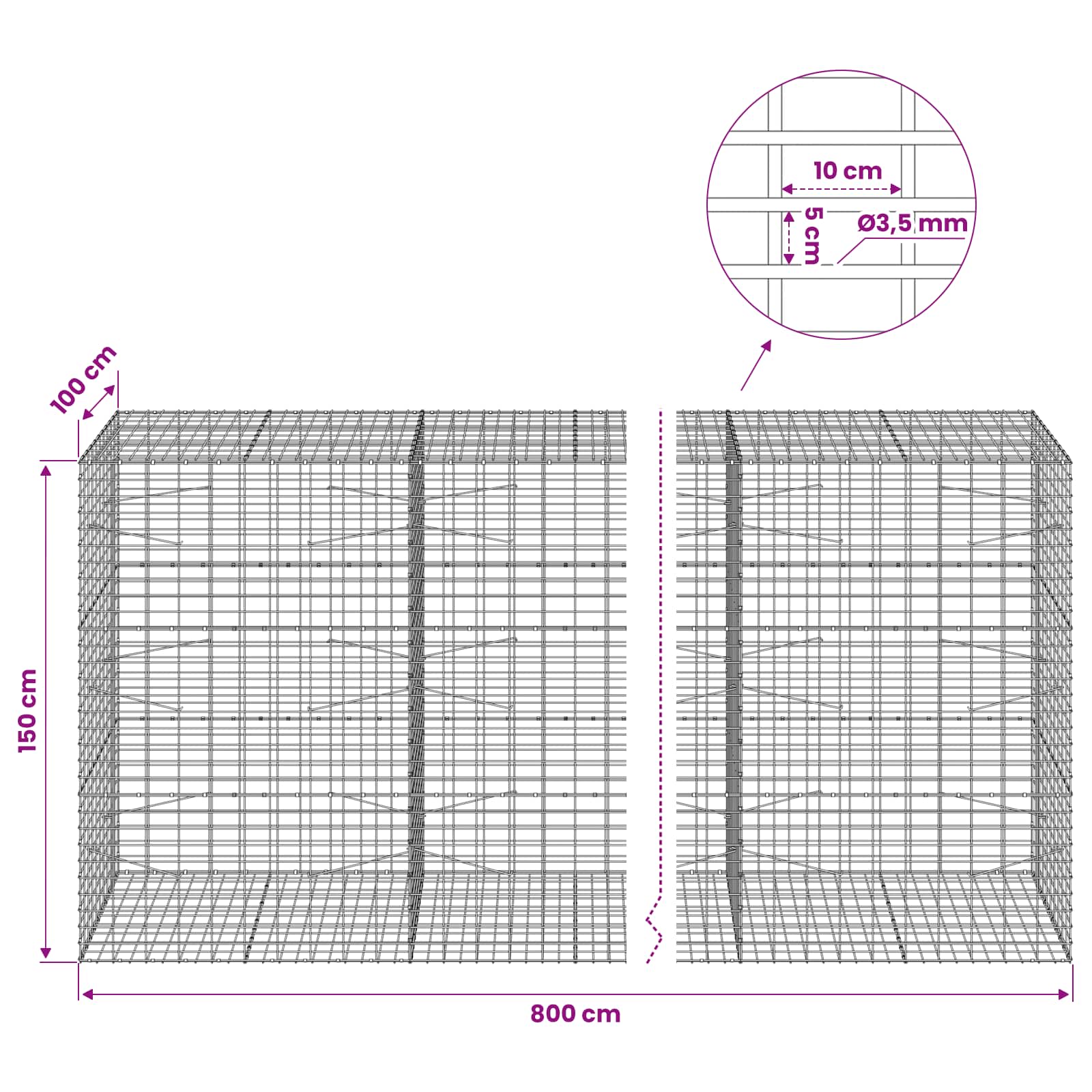 Gabion z 3,5 mm žico in 5x10 cm mrežo 800x100x150 cm