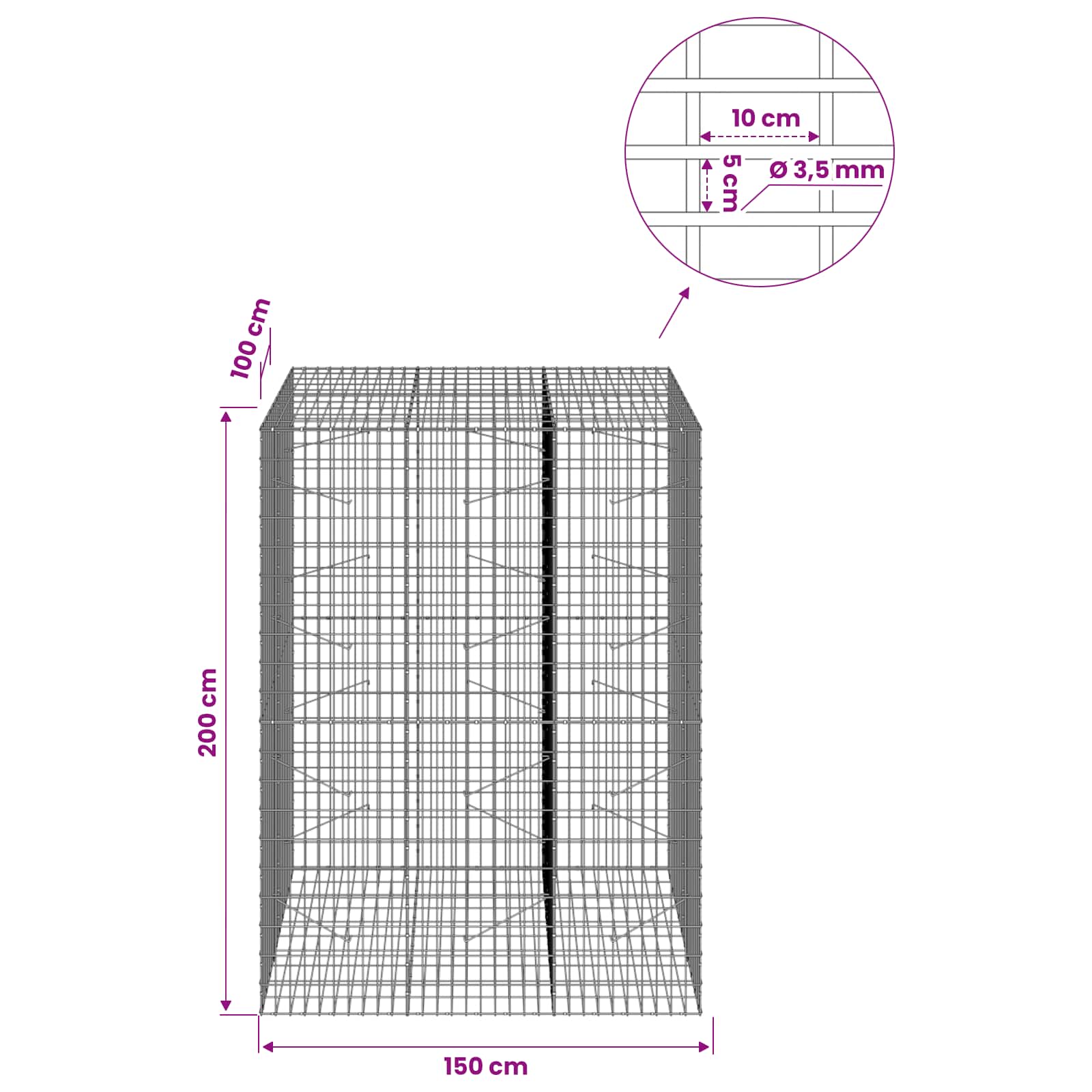 Gabion z 3,5 mm žico in 5x10 cm mrežo 150x100x200 cm
