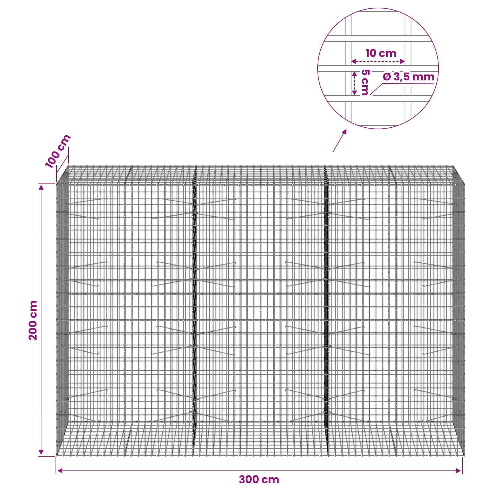 Gabion z 3,5 mm žico in 5x10 cm mrežo 300x100x200 cm