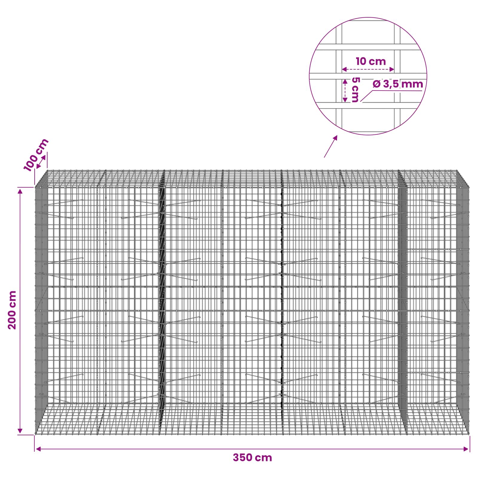 Gabion z 3,5 mm žico in 5x10 cm mrežo 350x100x200 cm