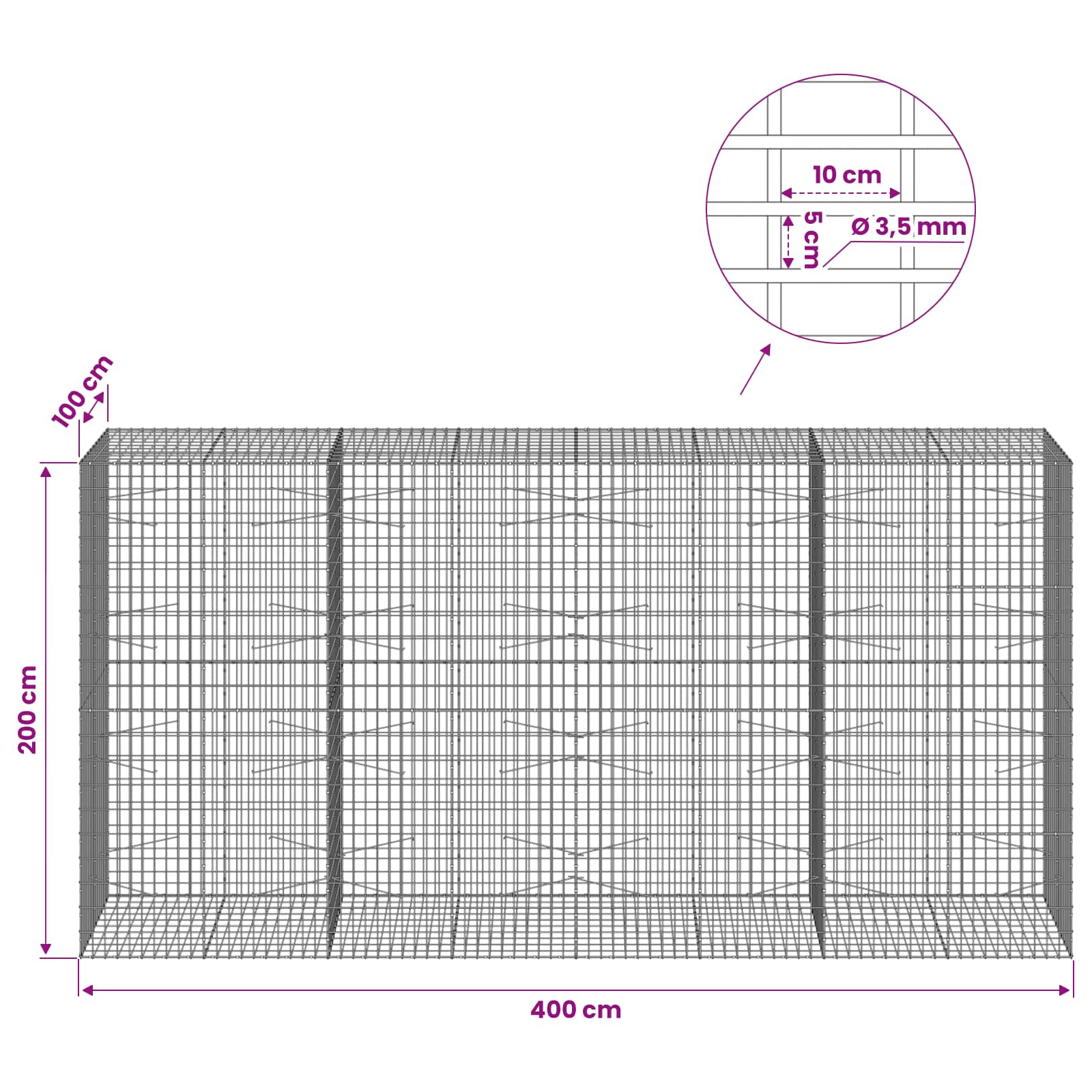 Gabion z 3,5 mm žico in 5x10 cm mrežo 400x100x200 cm