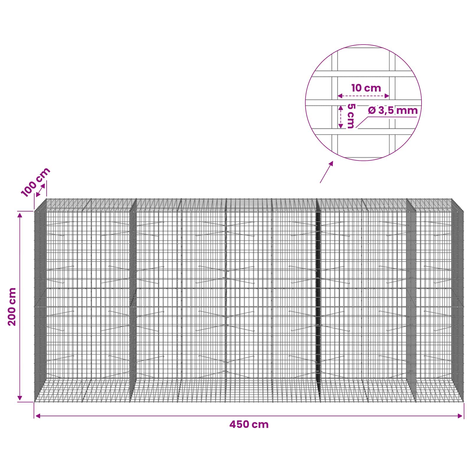 Gabion z 3,5 mm žico in 5x10 cm mrežo 450x100x200 cm