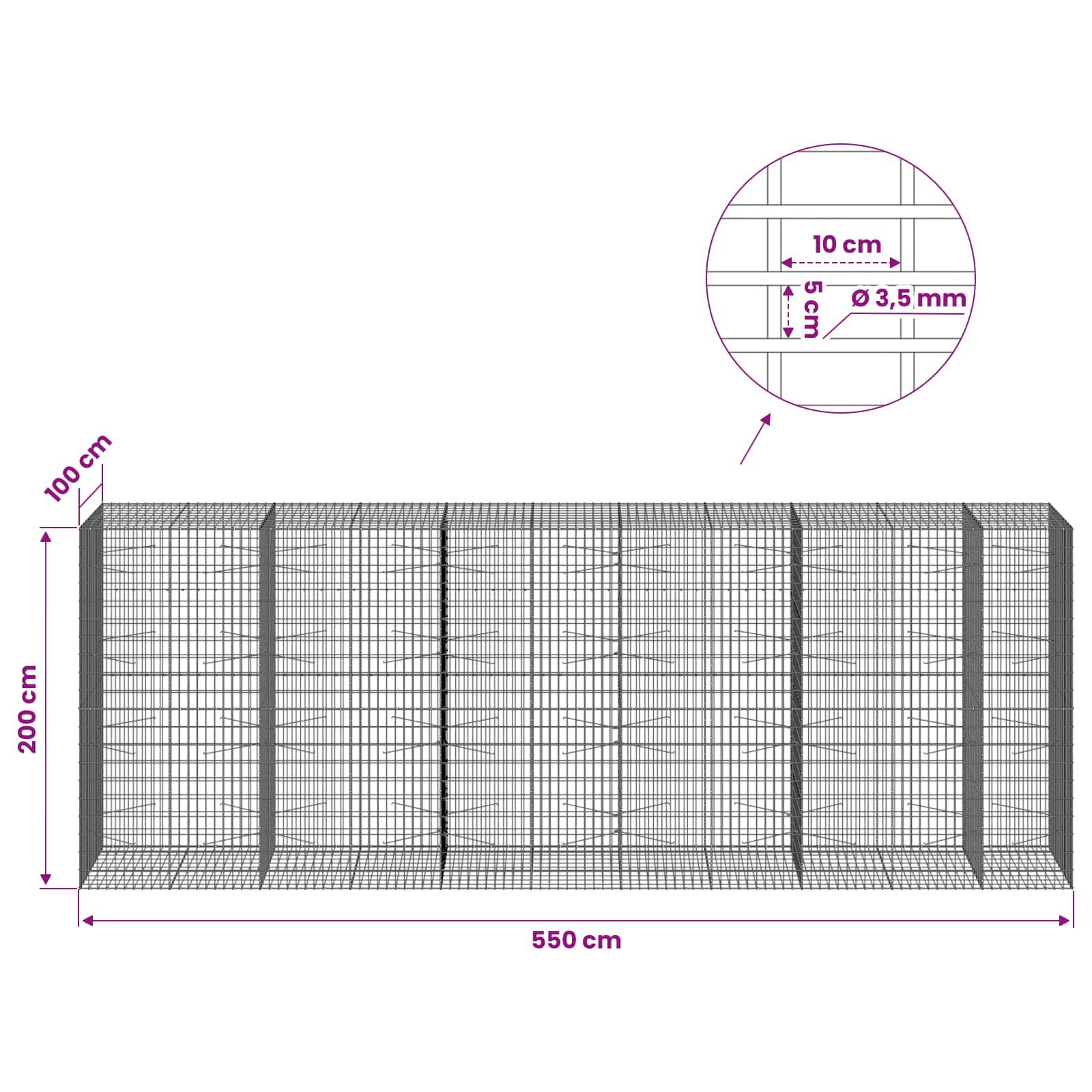 Gabion z 3,5 mm žico in 5x10 cm mrežo 550x100x200 cm
