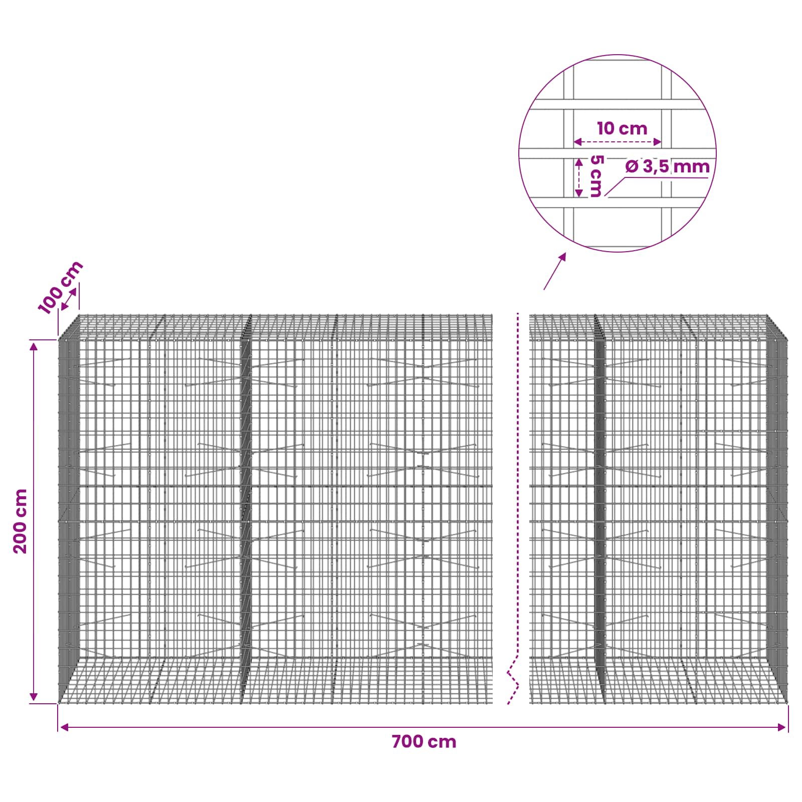 Gabion z 3,5 mm žico in 5x10 cm mrežo 700x100x200 cm