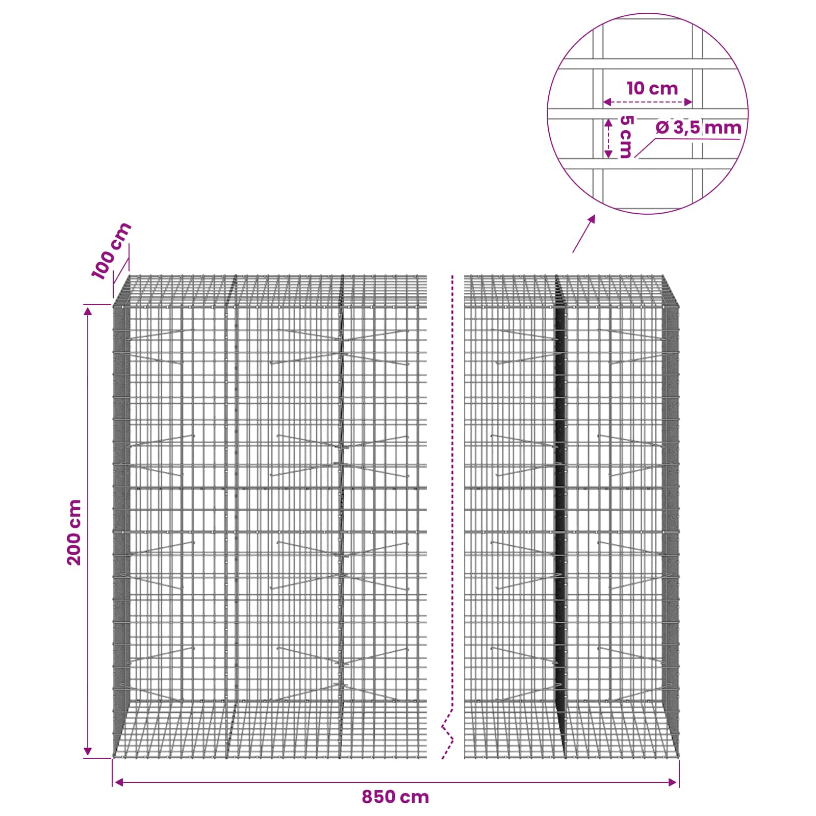 Gabion z 3,5 mm žico in 5x10 cm mrežo 850x100x200 cm