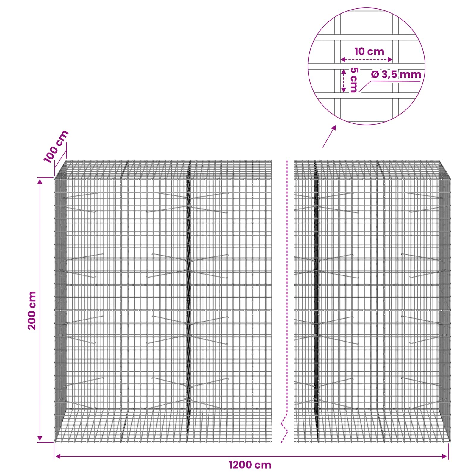 Gabion z 3,5 mm žico in 5x10 cm mrežo 1200x100x200 cm