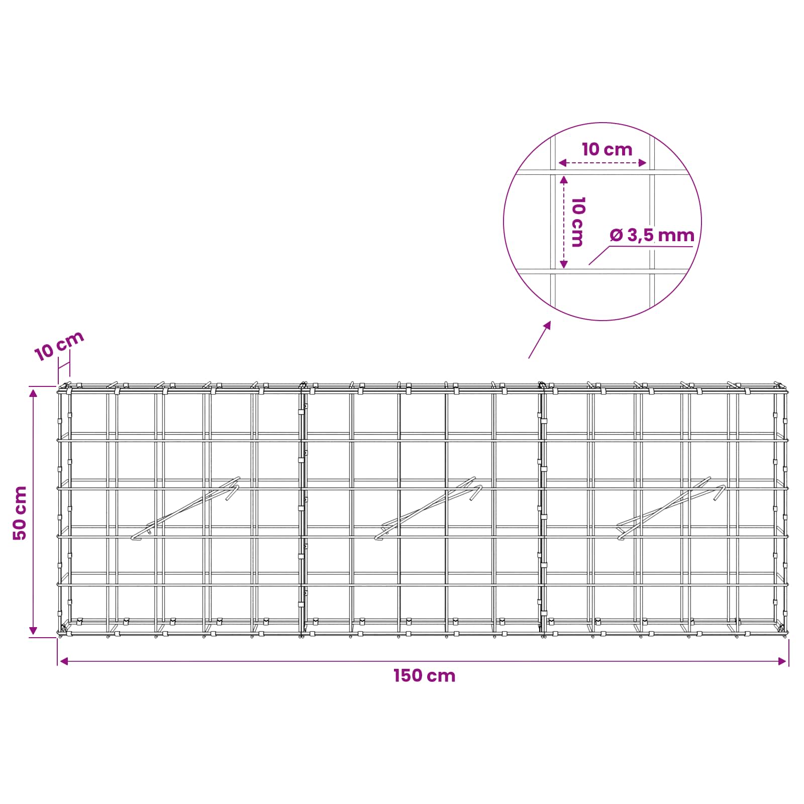 Gabion z žico 3,5 mm in mrežo 10x10 cm 150x10x50 cm