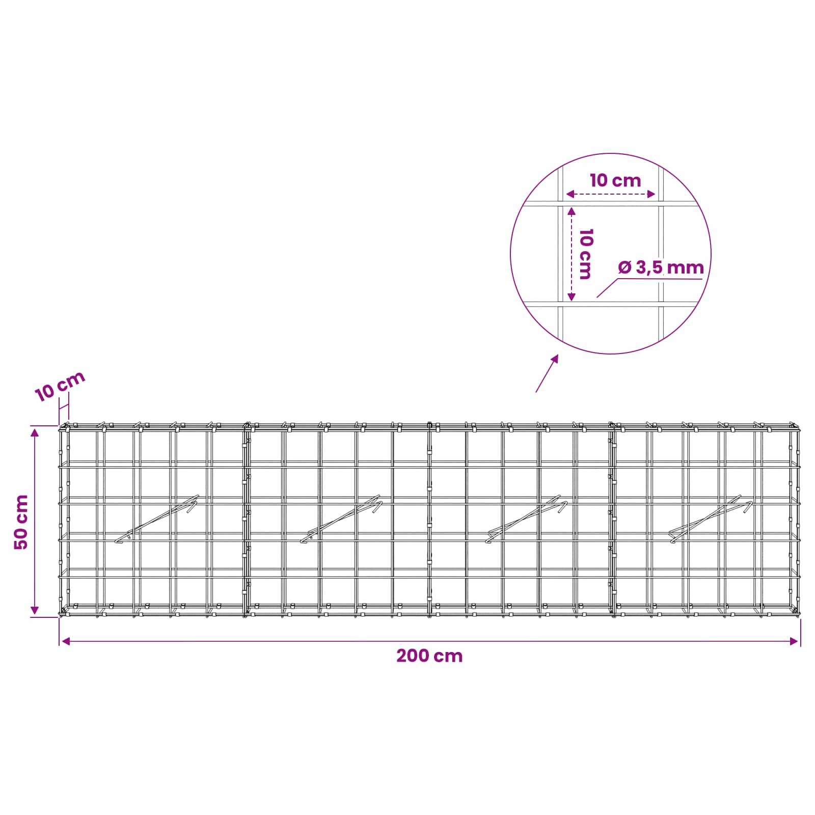 Gabion z žico 3,5 mm in mrežo 10x10 cm 200x10x50 cm