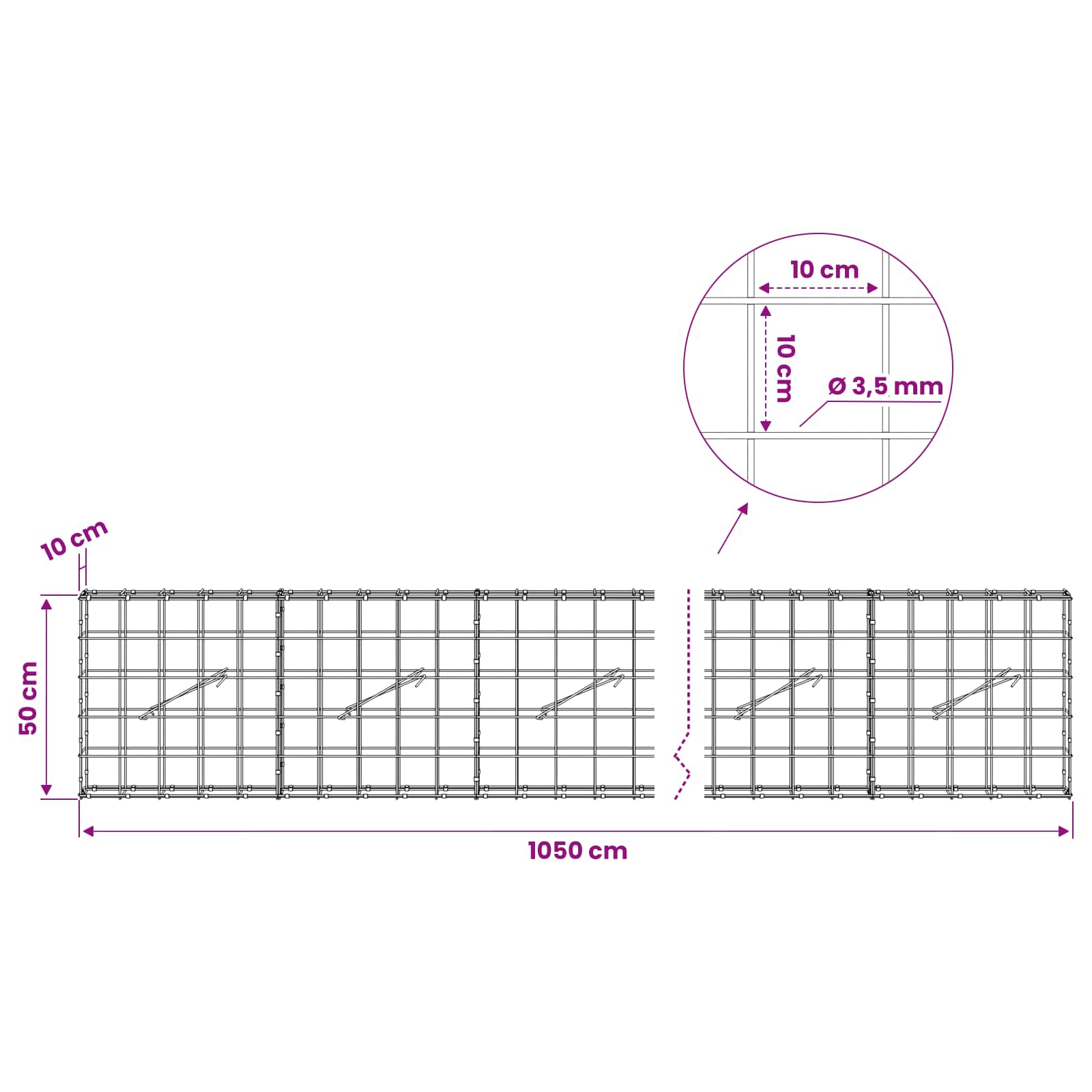 Gabion z žico 3,5 mm in mrežo 10x10 cm 1050x10x50 cm
