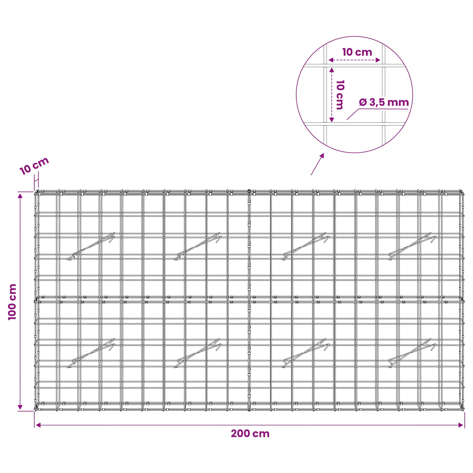 Gabion z žico 3,5 mm in mrežo 10x10 cm 200x10x100 cm