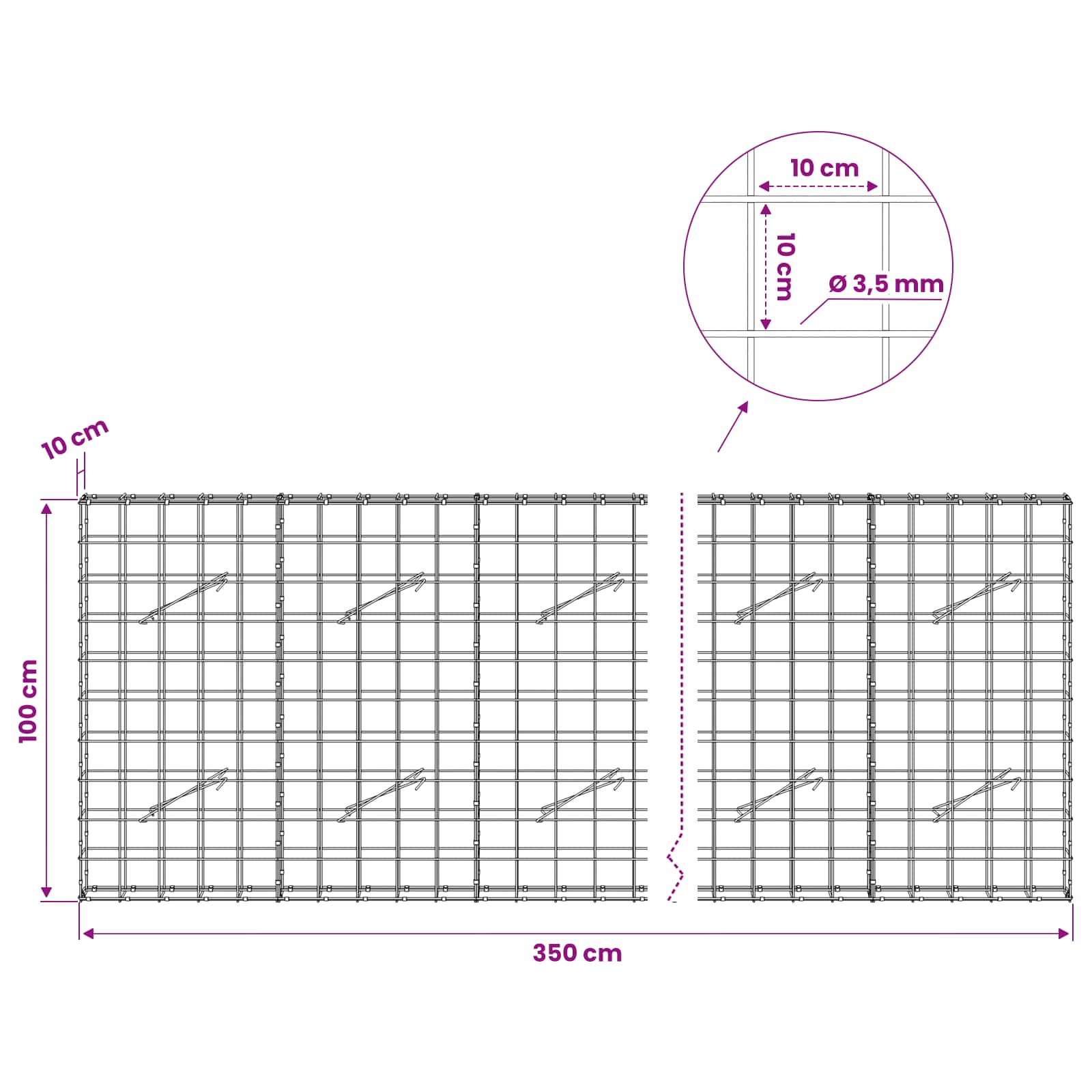 Gabion z žico 3,5 mm in mrežo 10x10 cm 350x10x100 cm