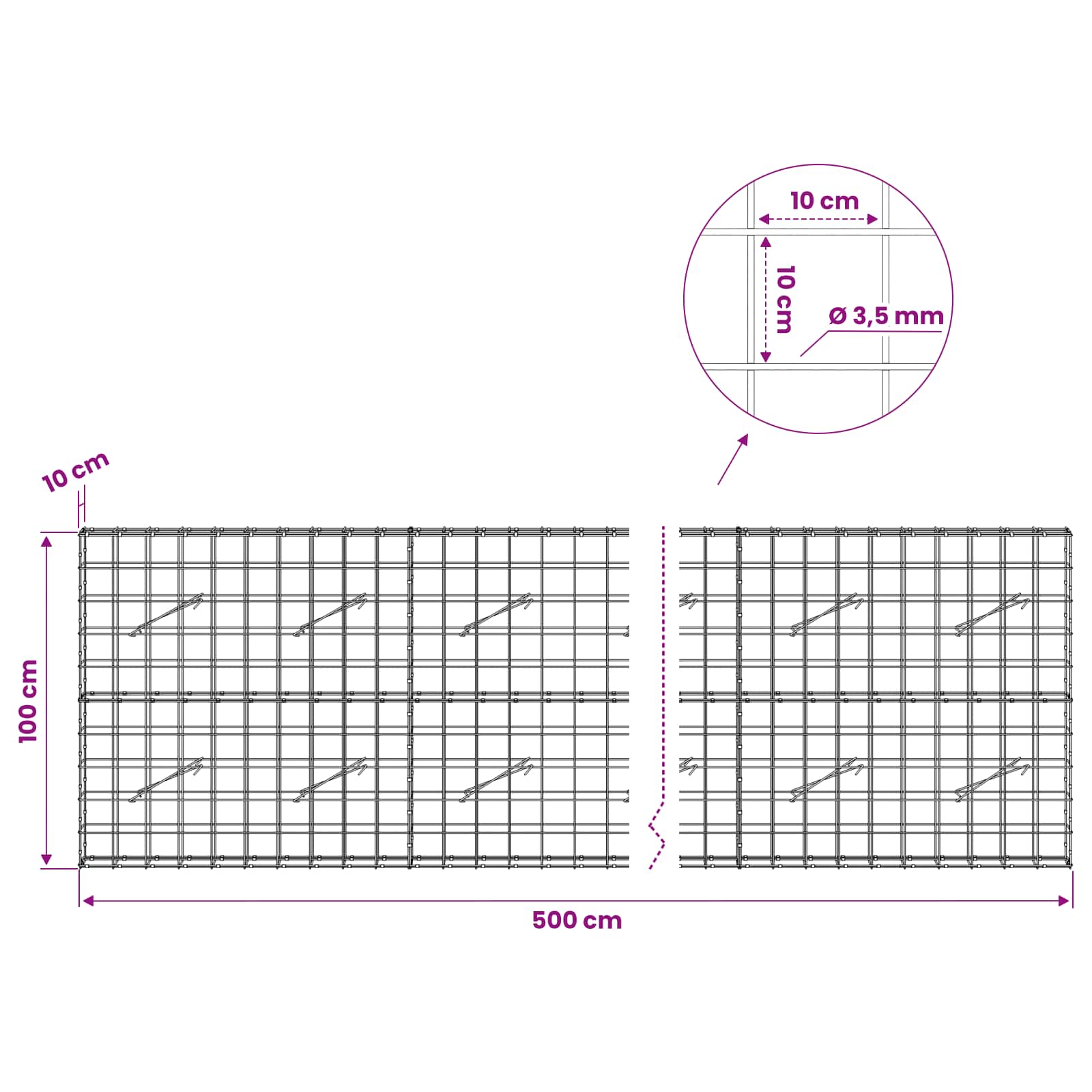 Gabion z žico 3,5 mm in mrežo 10x10 cm 500x10x100 cm