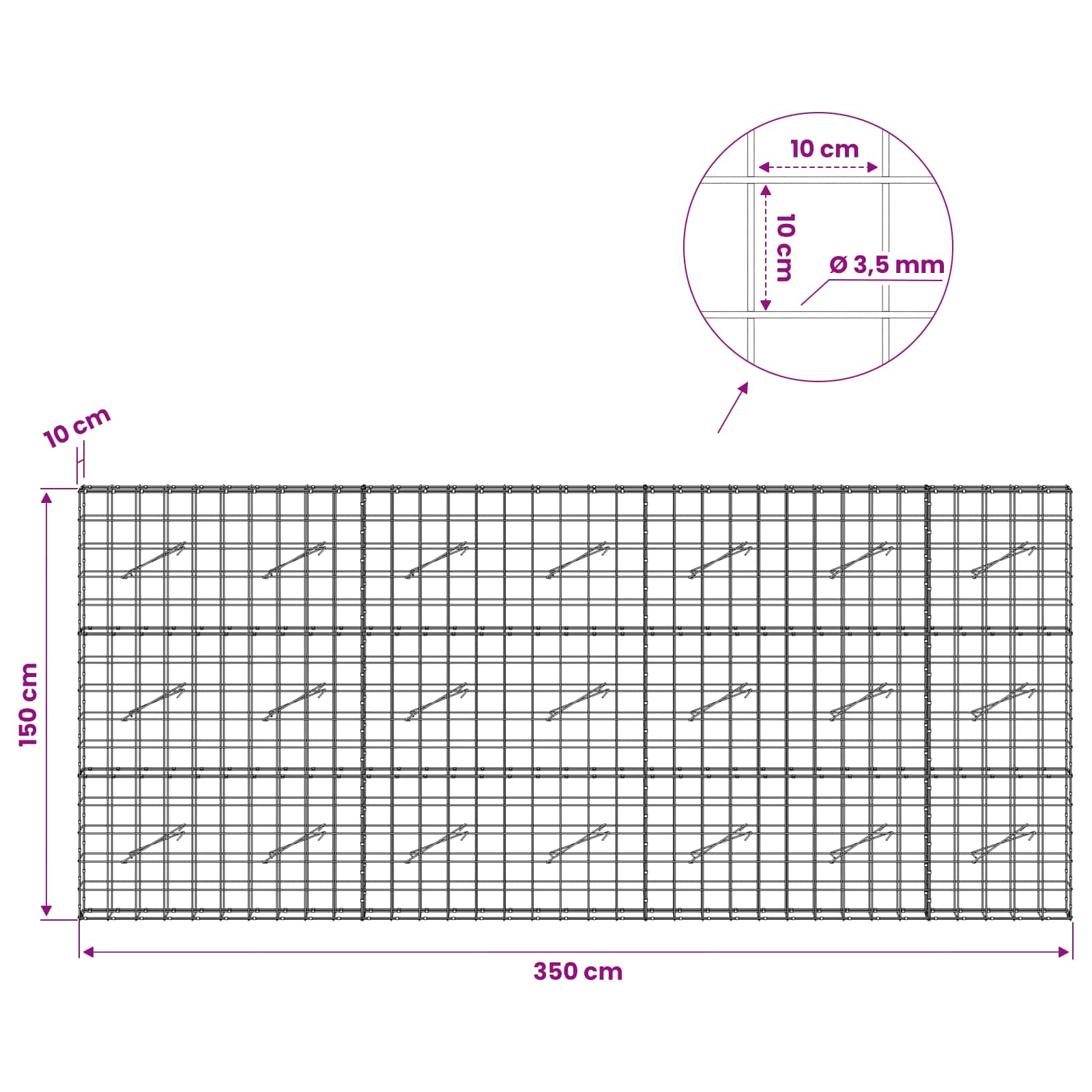 Gabion z žico 3,5 mm in mrežo 10x10 cm 350x10x150 cm