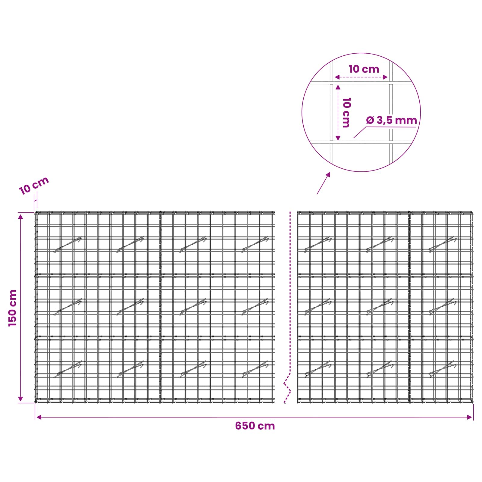 Gabion z žico 3,5 mm in mrežo 10x10 cm 650x10x150 cm