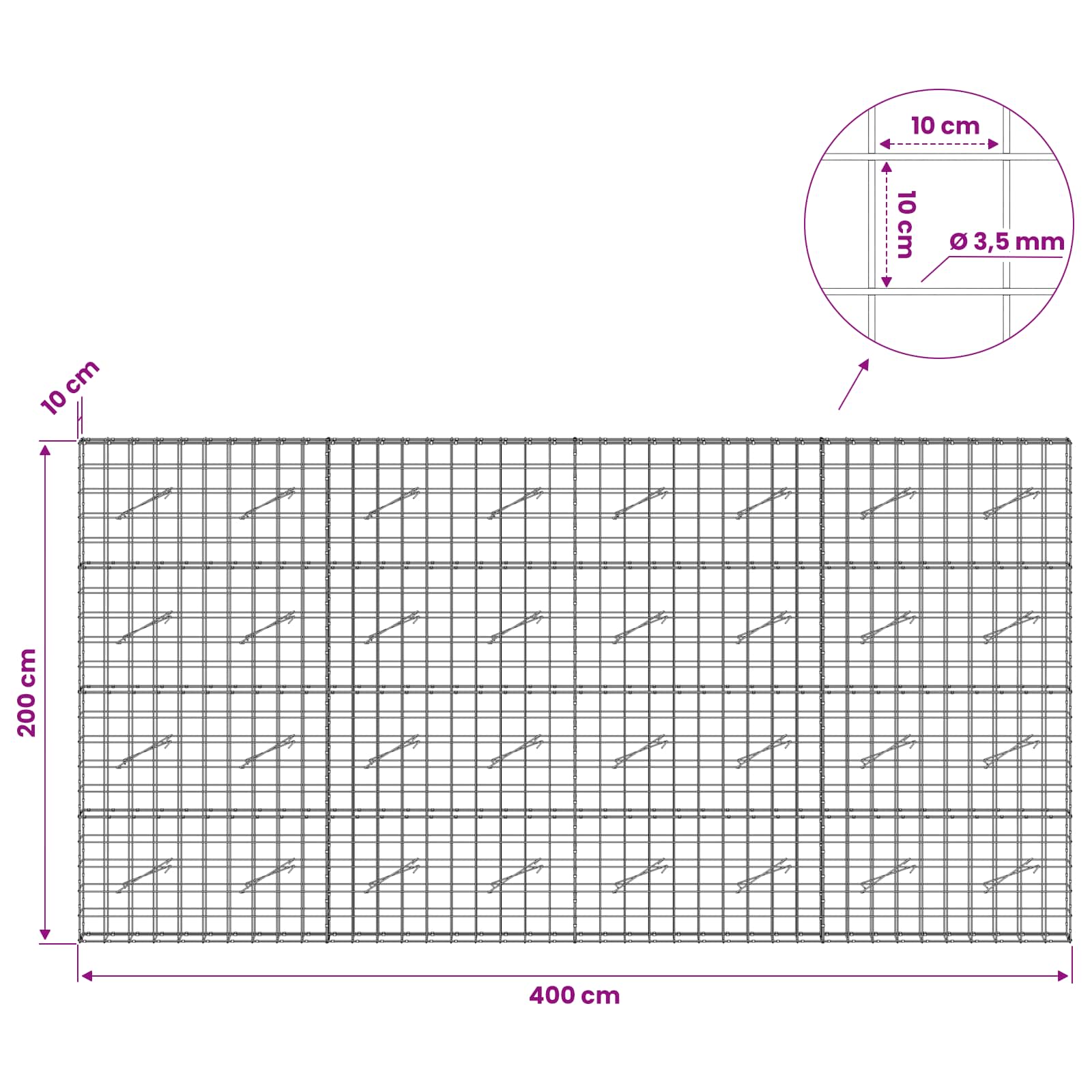 Gabion z žico 3,5 mm in mrežo 10x10 cm 400x10x200 cm