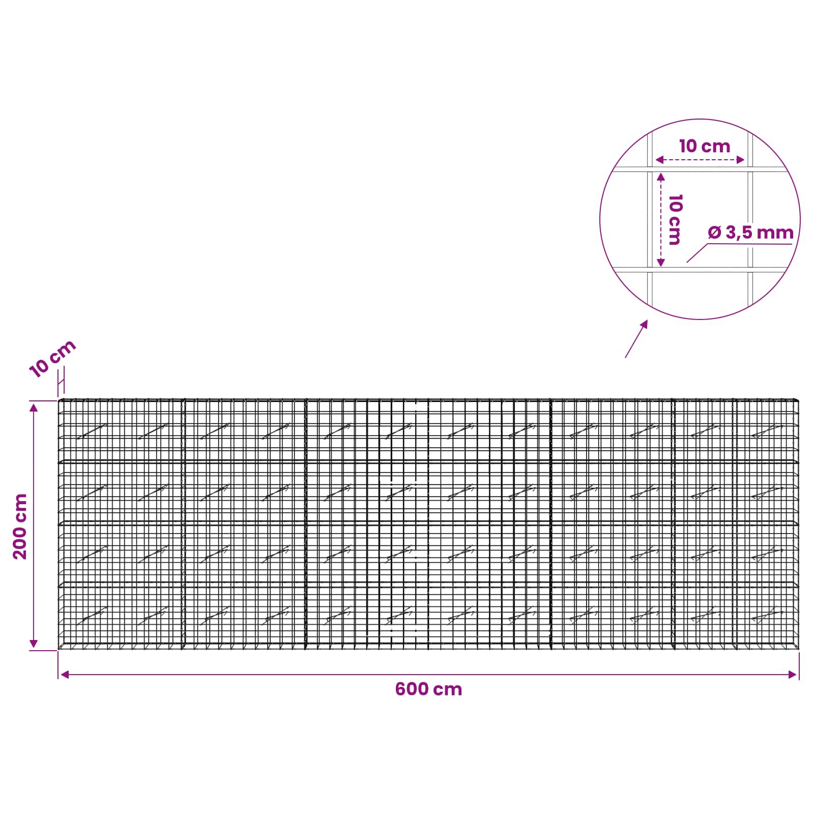 Gabion z žico 3,5 mm in mrežo 10x10 cm 600x10x200 cm