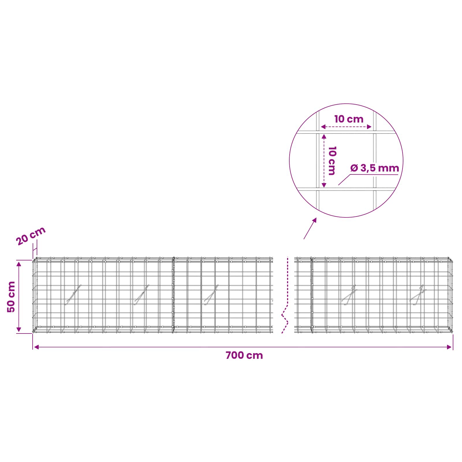 Gabion z žico 3,5 mm in mrežo 10x10 cm 700x20x50 cm