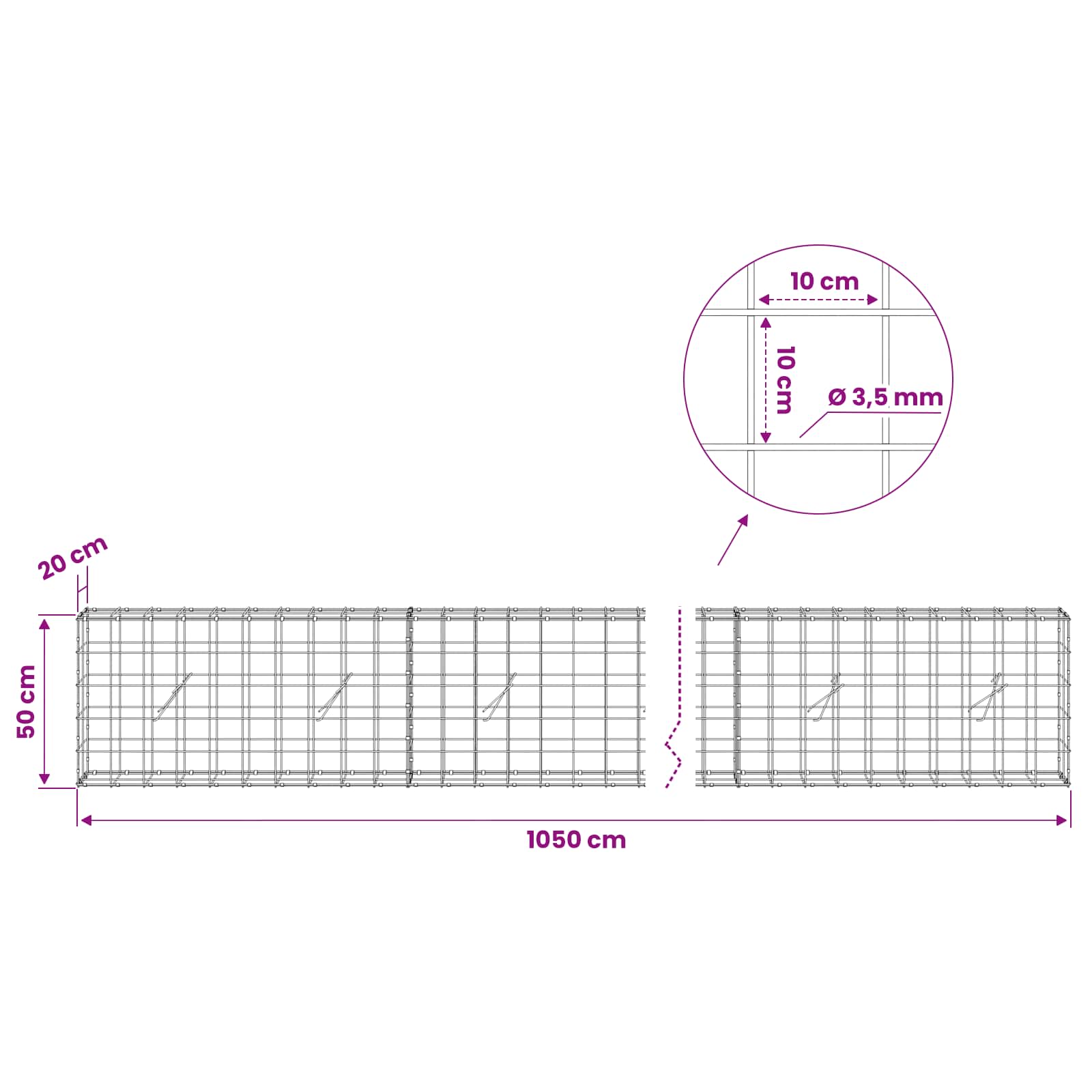 Gabion z žico 3,5 mm in mrežo 10x10 cm 1050x20x50 cm