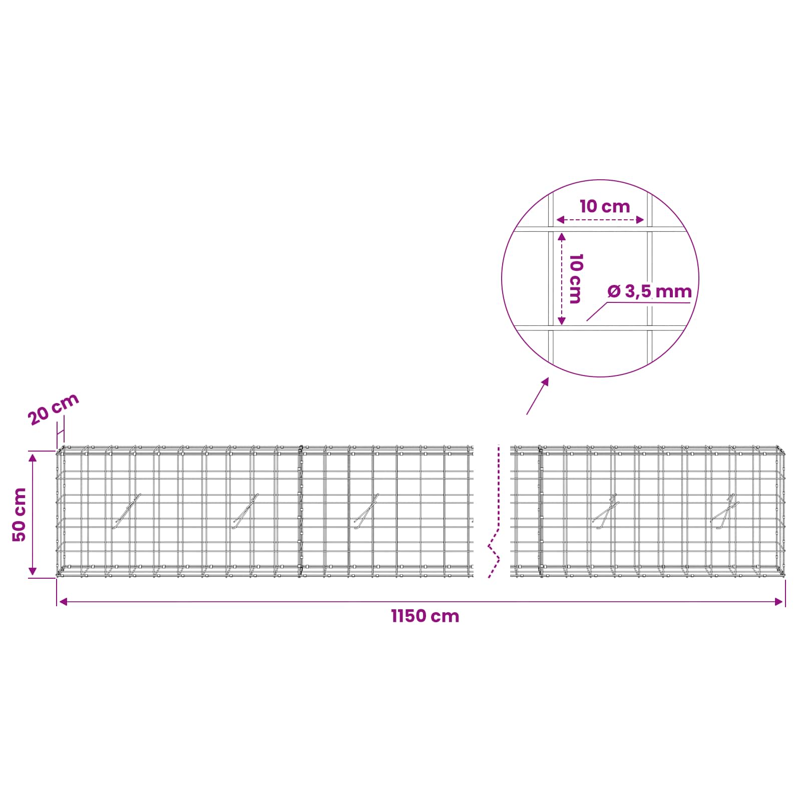 Gabion z žico 3,5 mm in mrežo 10x10 cm 1150x20x50 cm