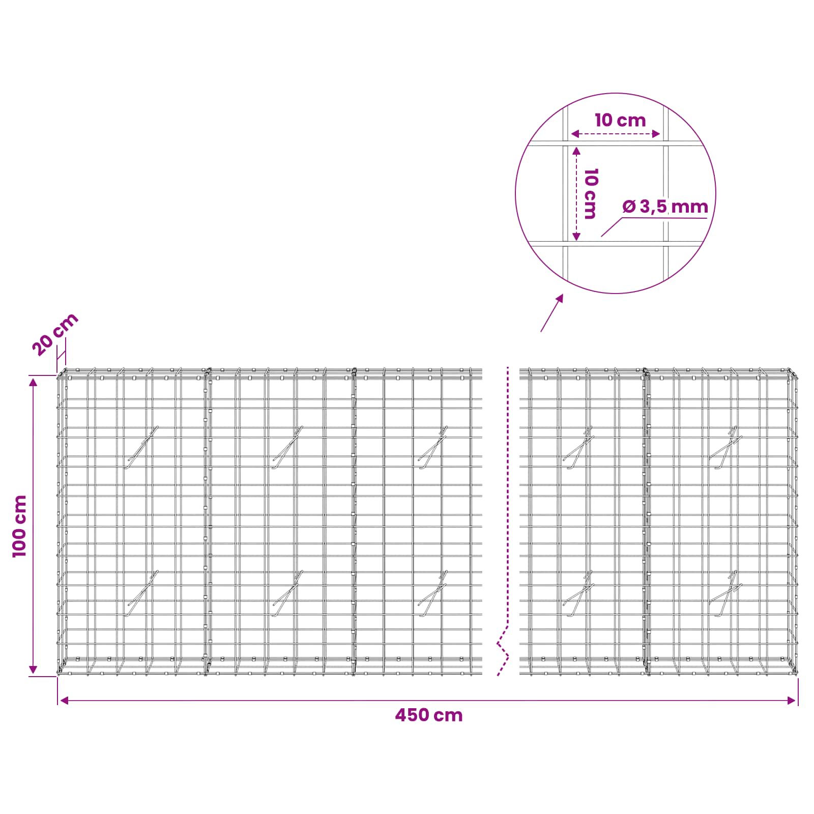 Gabion z žico 3,5 mm in mrežo 10x10 cm 450x20x100 cm