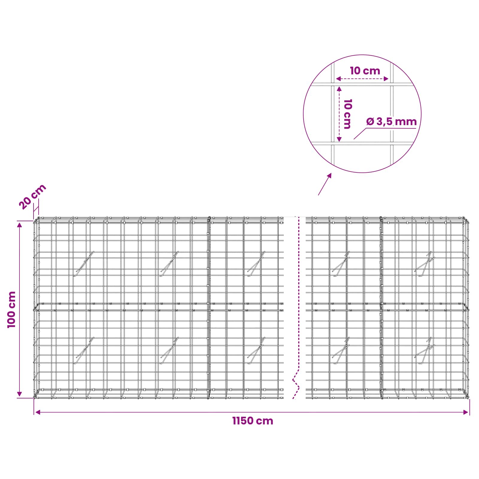 Gabion z žico 3,5 mm in mrežo 10x10 cm 1150x20x100 cm