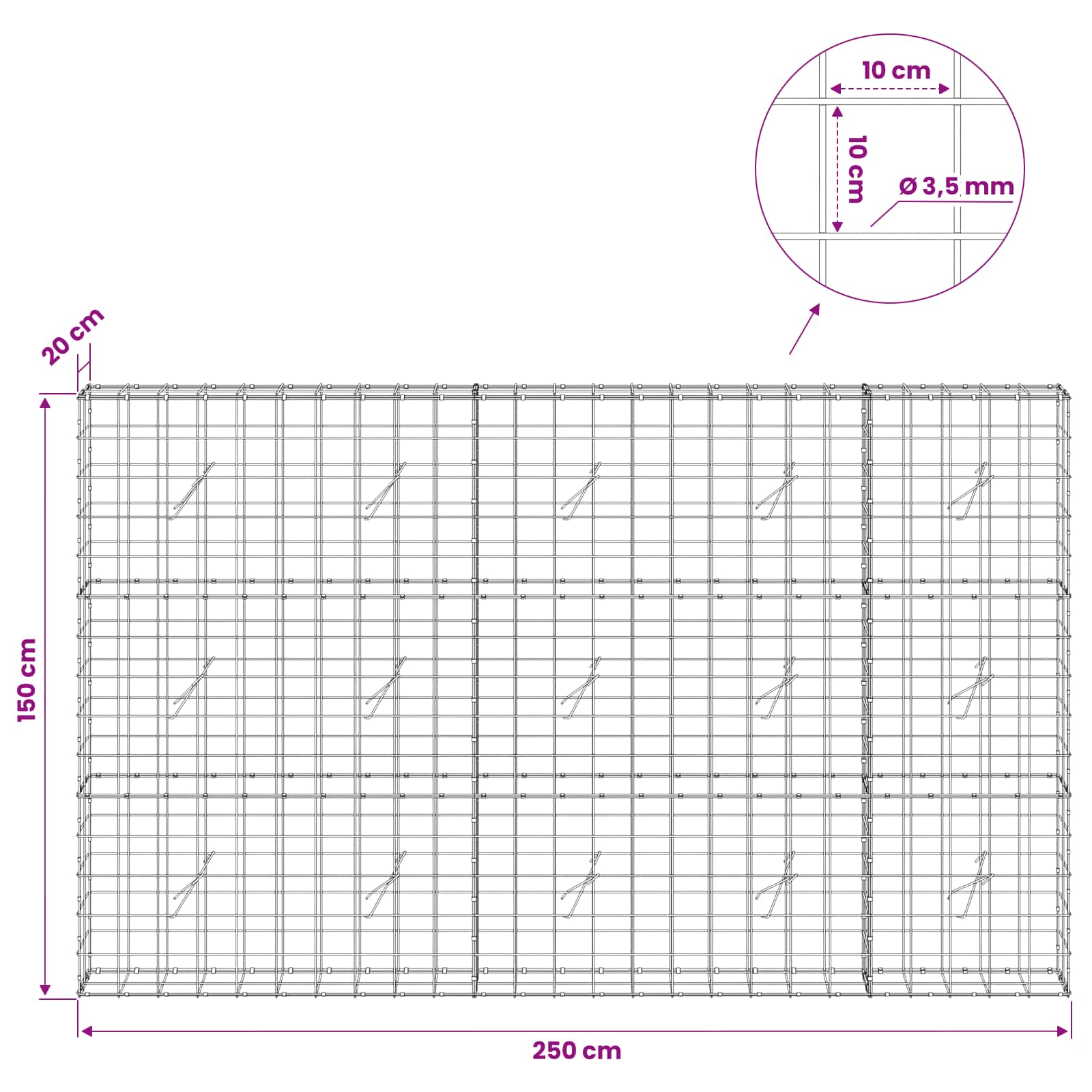 Gabion z žico 3,5 mm in mrežo 10x10 cm 250x20x150 cm