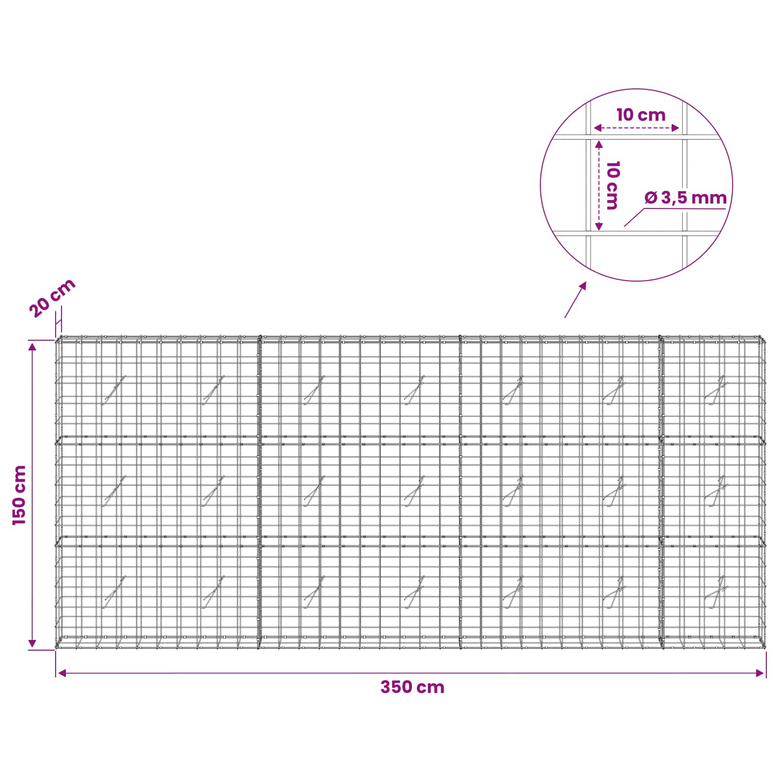 Gabion z žico 3,5 mm in mrežo 10x10 cm 350x20x150 cm
