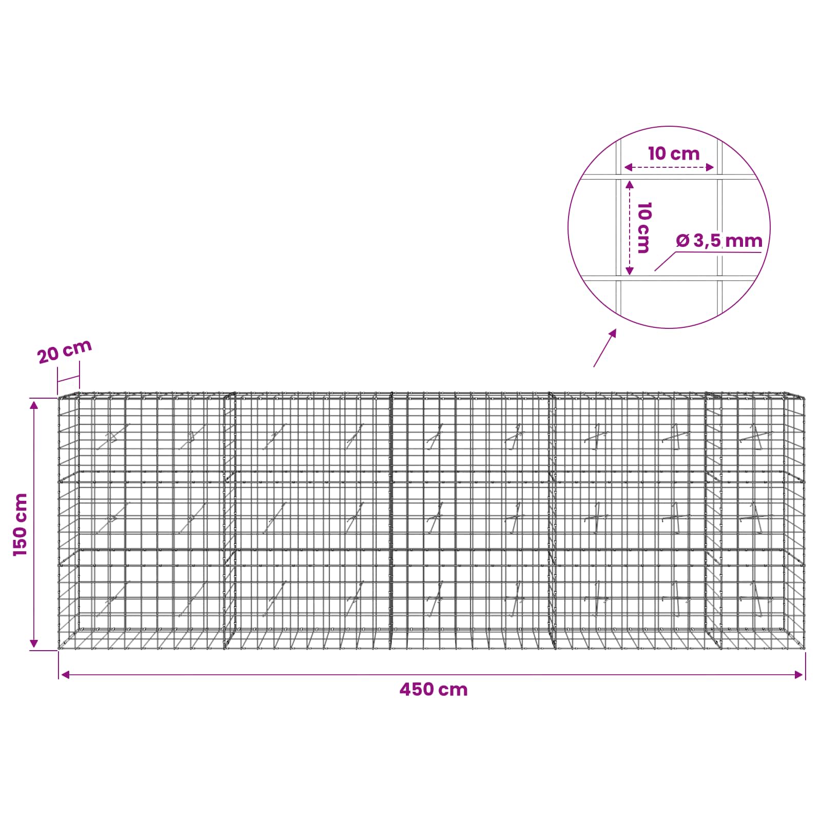 Gabion z žico 3,5 mm in mrežo 10x10 cm 450x20x150 cm