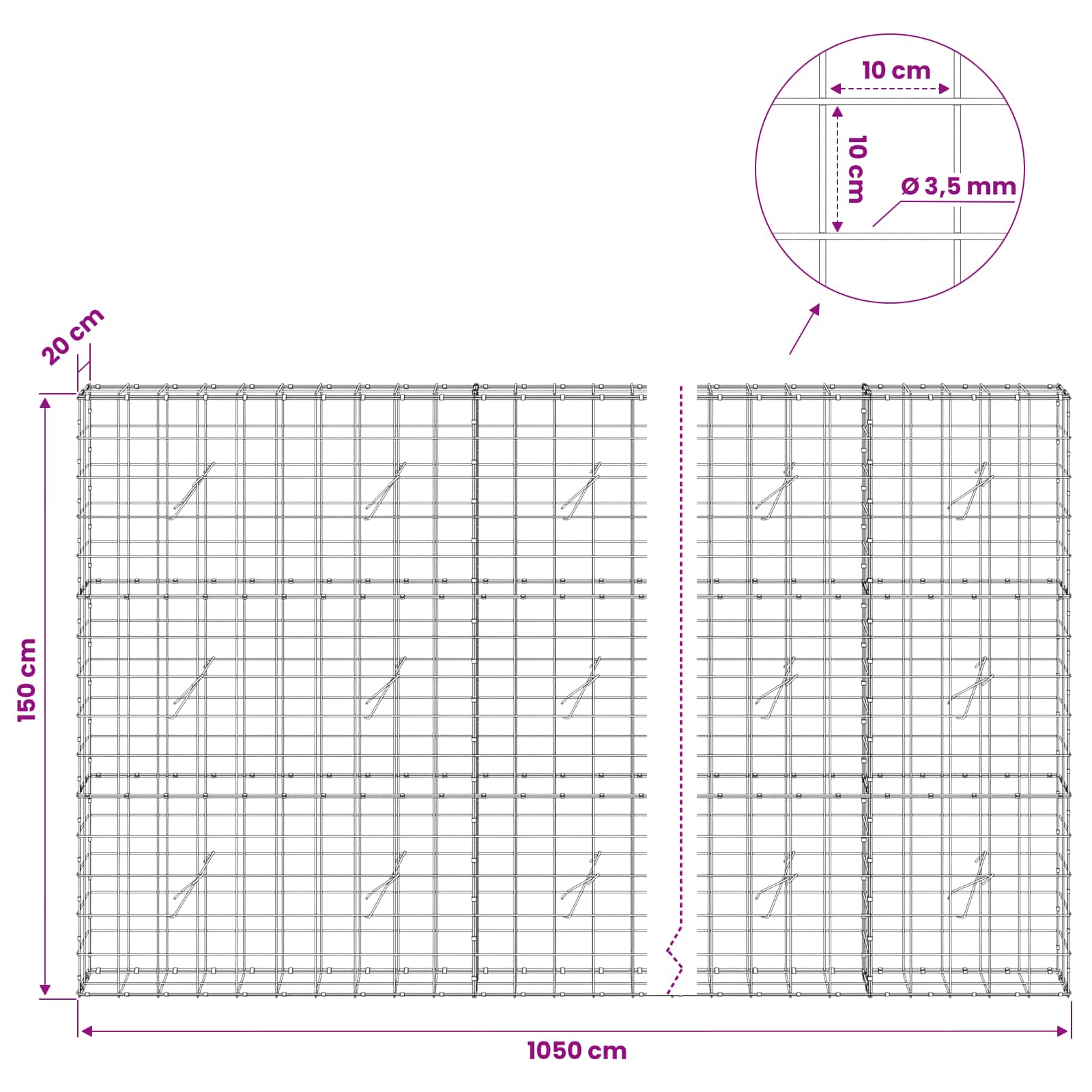 Gabion z žico 3,5 mm in mrežo 10x10 cm 1050x20x150 cm