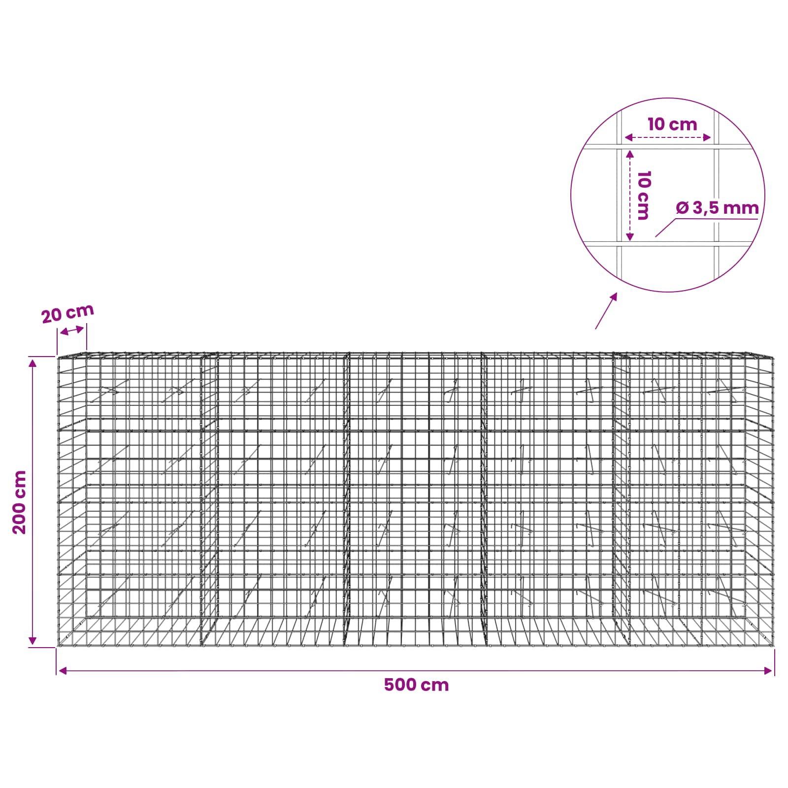 Gabion z žico 3,5 mm in mrežo 10x10 cm 500x20x200 cm