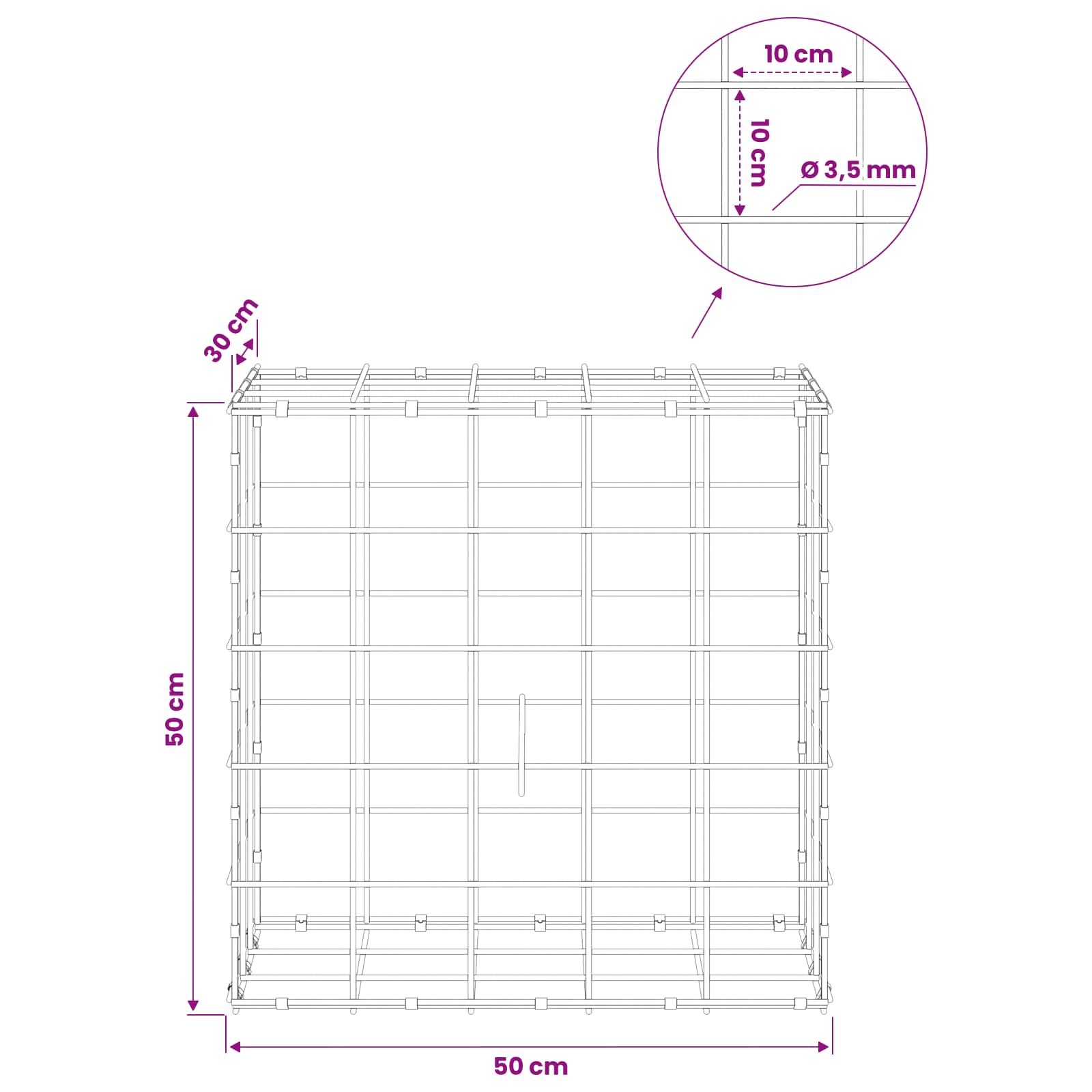 Gabion z žico 3,5 mm in mrežo 10x10 cm 50x30x50 cm