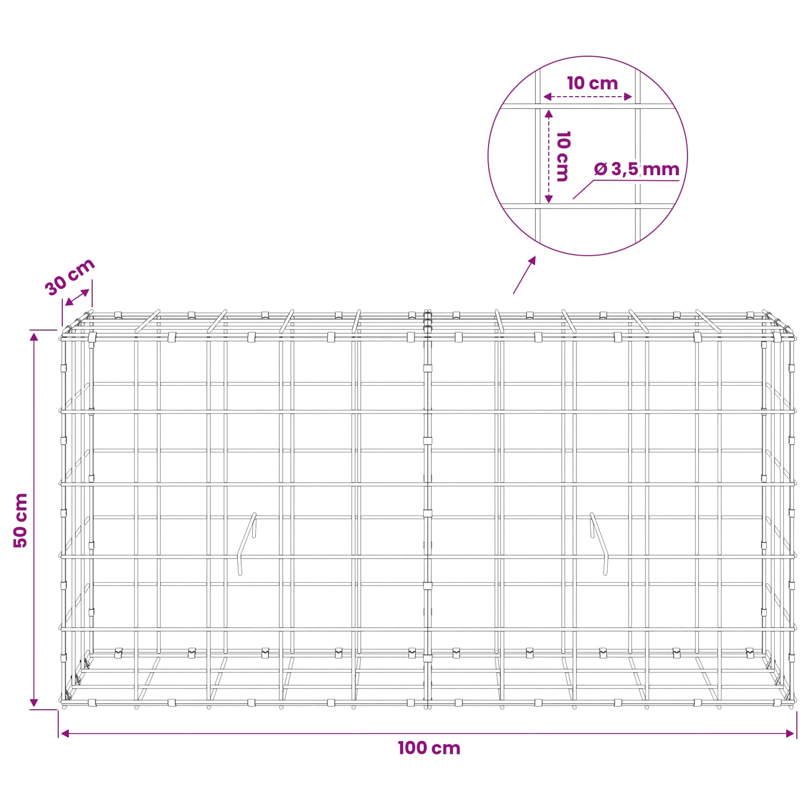 Gabion z žico 3,5 mm in mrežo 10x10 cm 100x30x50 cm