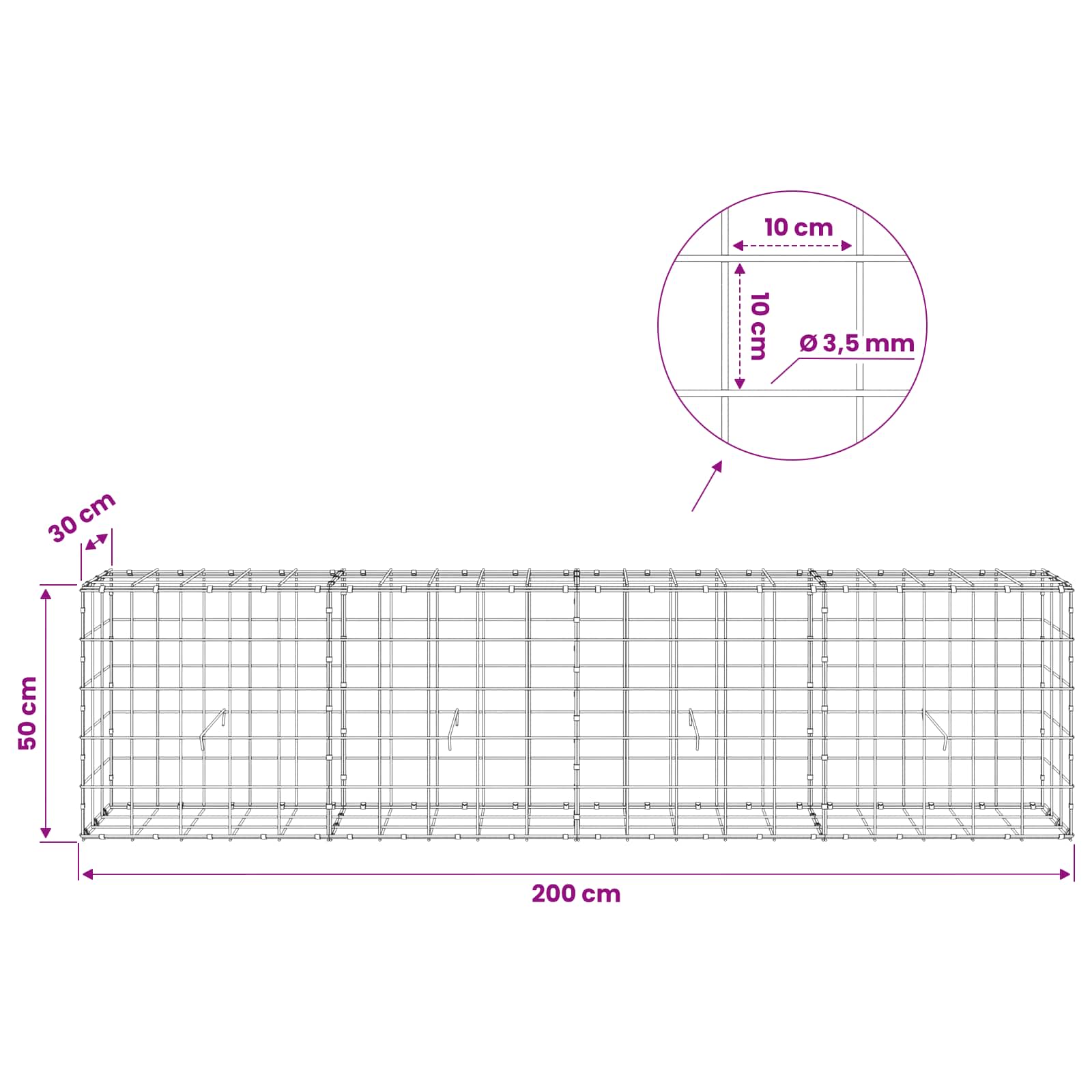 Gabion z žico 3,5 mm in mrežo 10x10 cm 200x30x50 cm