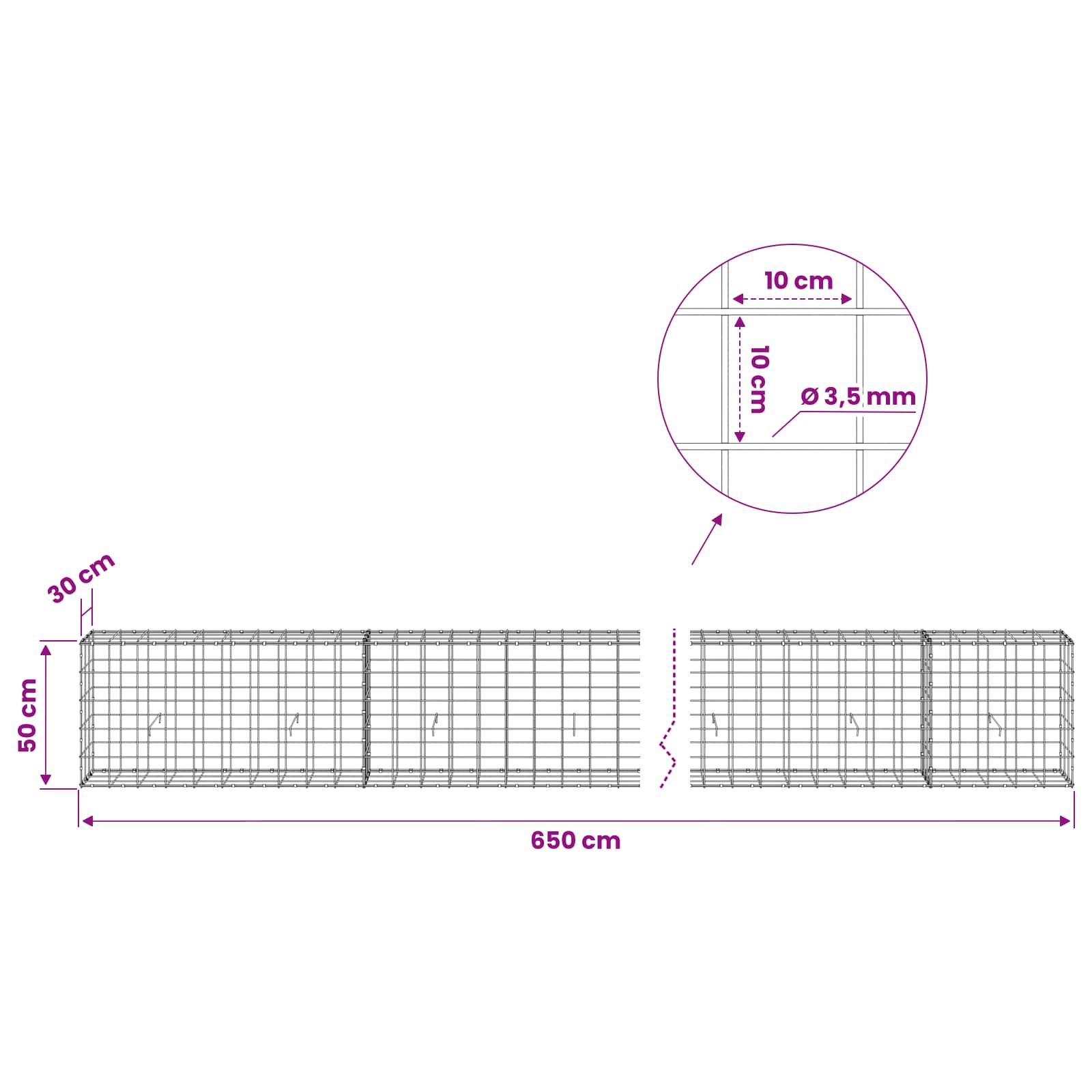 Gabion z žico 3,5 mm in mrežo 10x10 cm 650x30x50 cm