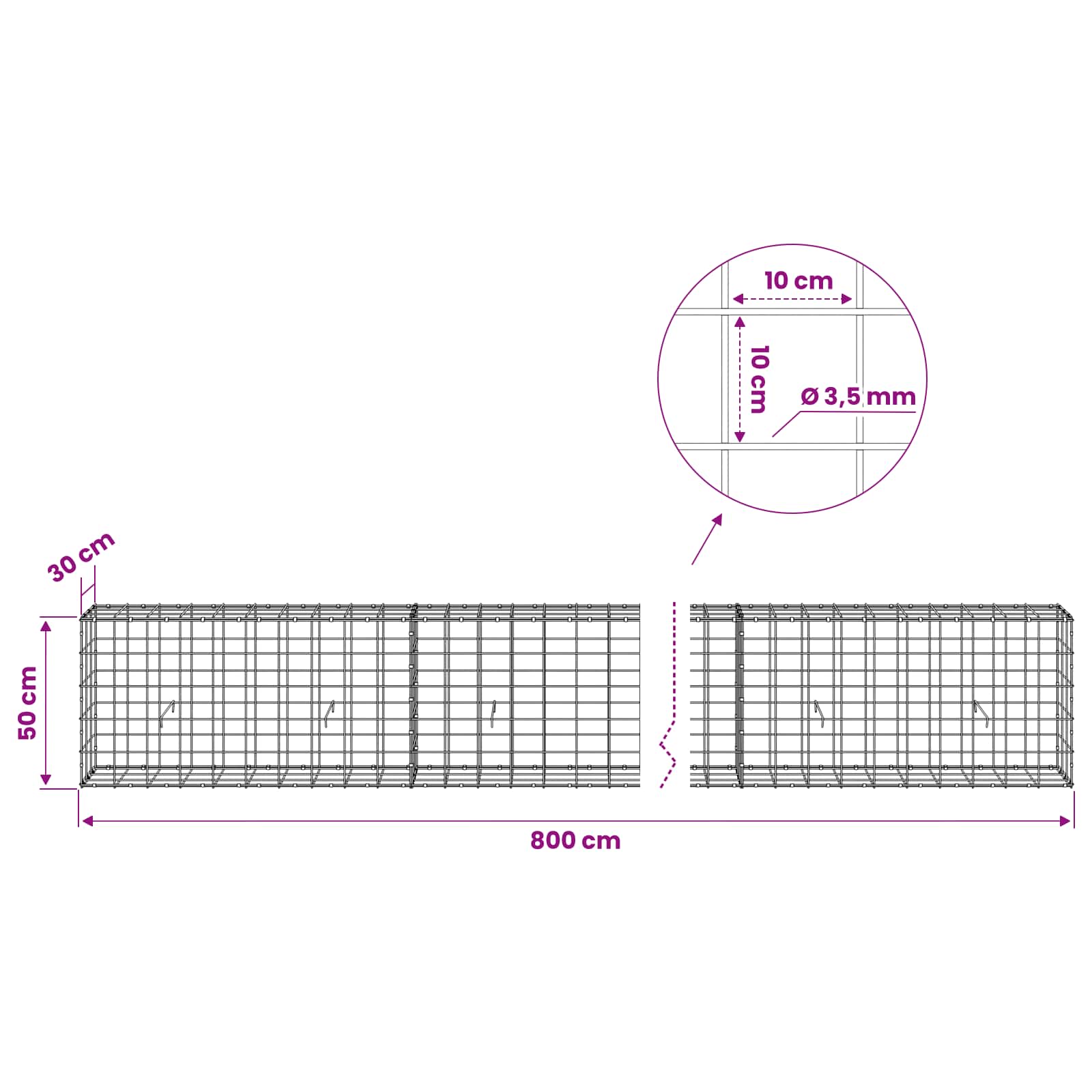 Gabion z žico 3,5 mm in mrežo 10x10 cm 800x30x50 cm