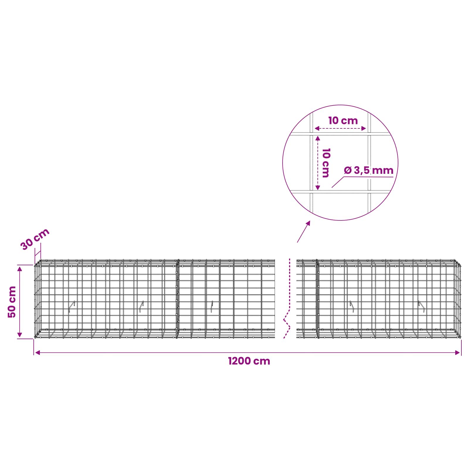 Gabion z žico 3,5 mm in mrežo 10x10 cm 1200x30x50 cm