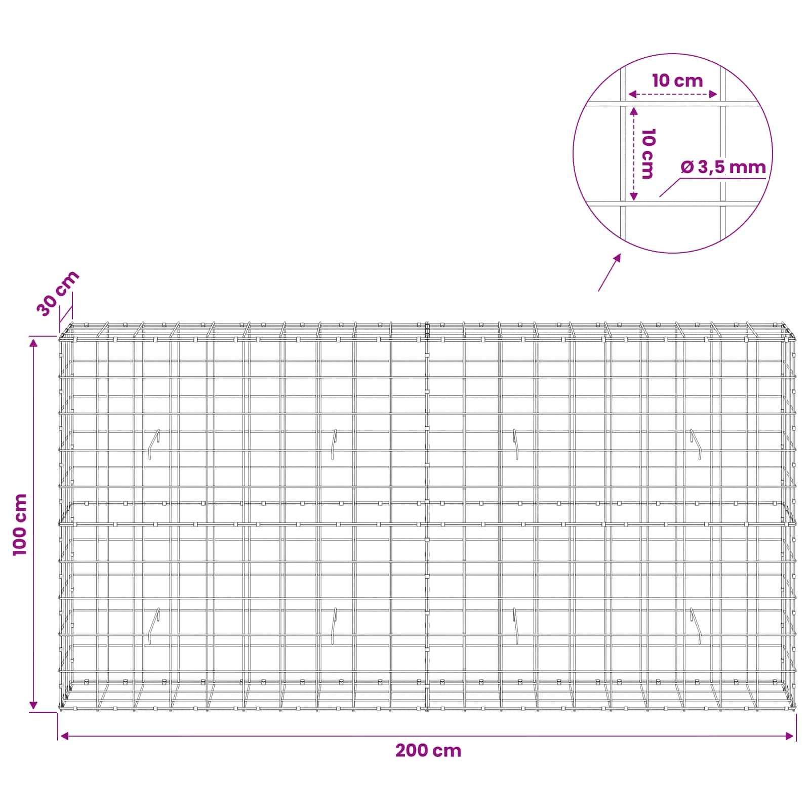 Gabion z žico 3,5 mm in mrežo 10x10 cm 200x30x100 cm