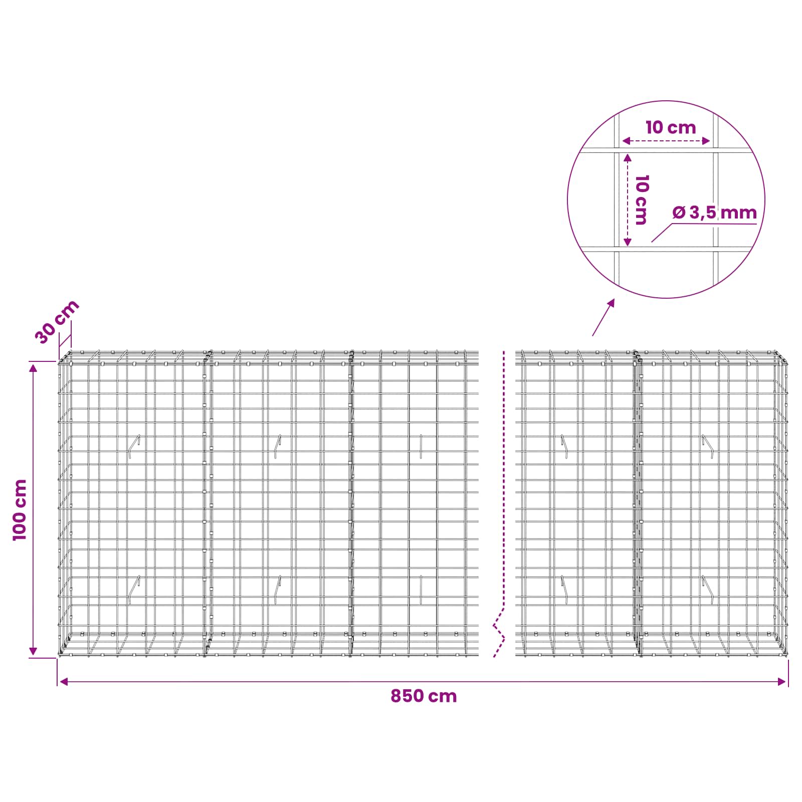 Gabion z žico 3,5 mm in mrežo 10x10 cm 850x30x100 cm