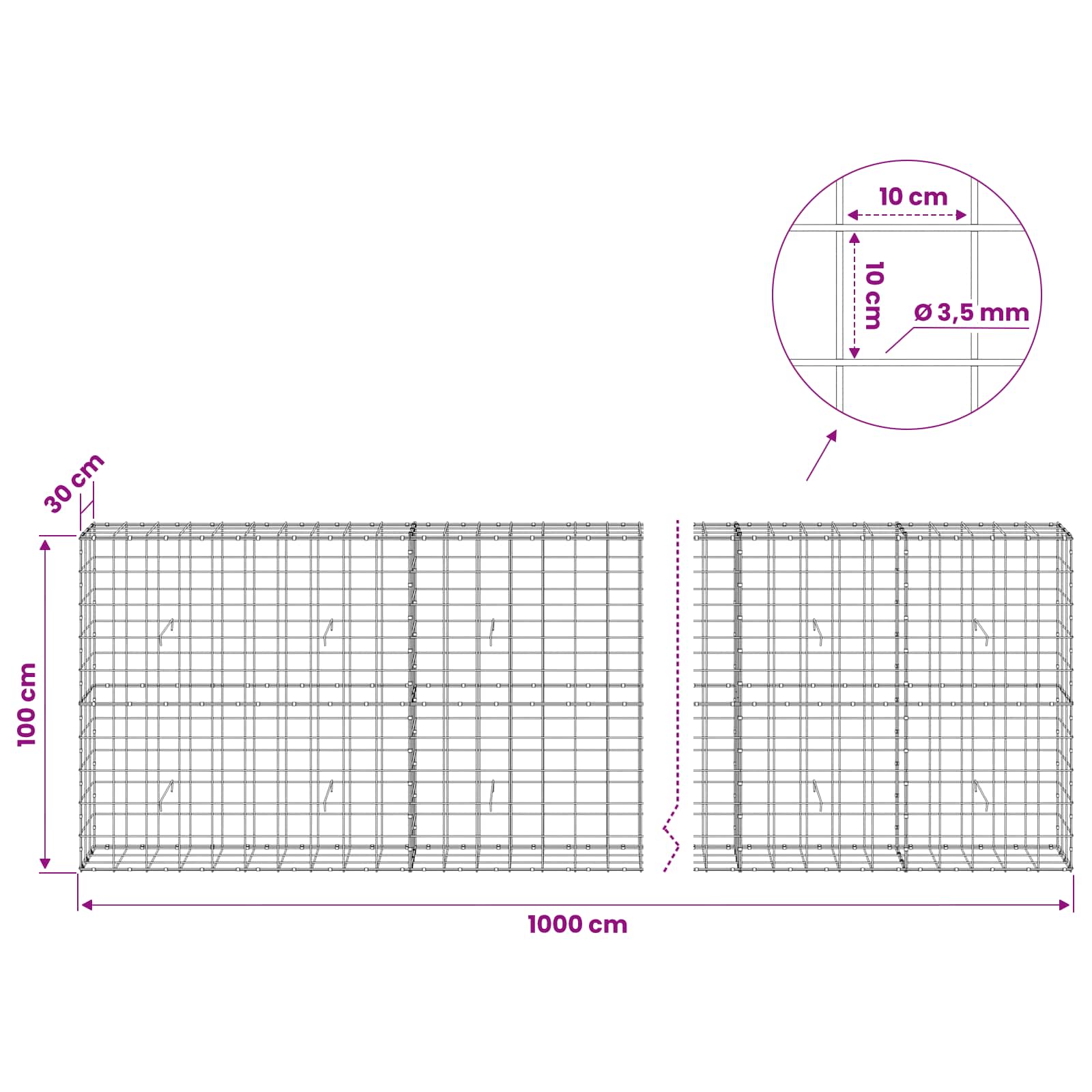 Gabion z žico 3,5 mm in mrežo 10x10 cm 1000x30x100 cm