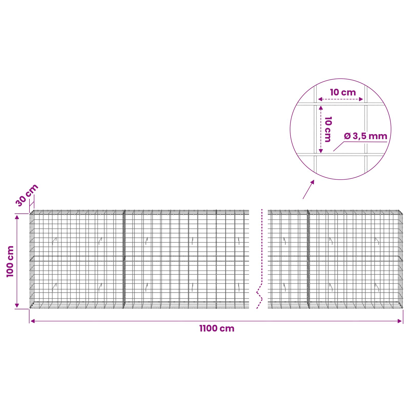 Gabion z žico 3,5 mm in mrežo 10x10 cm 1100x30x100 cm