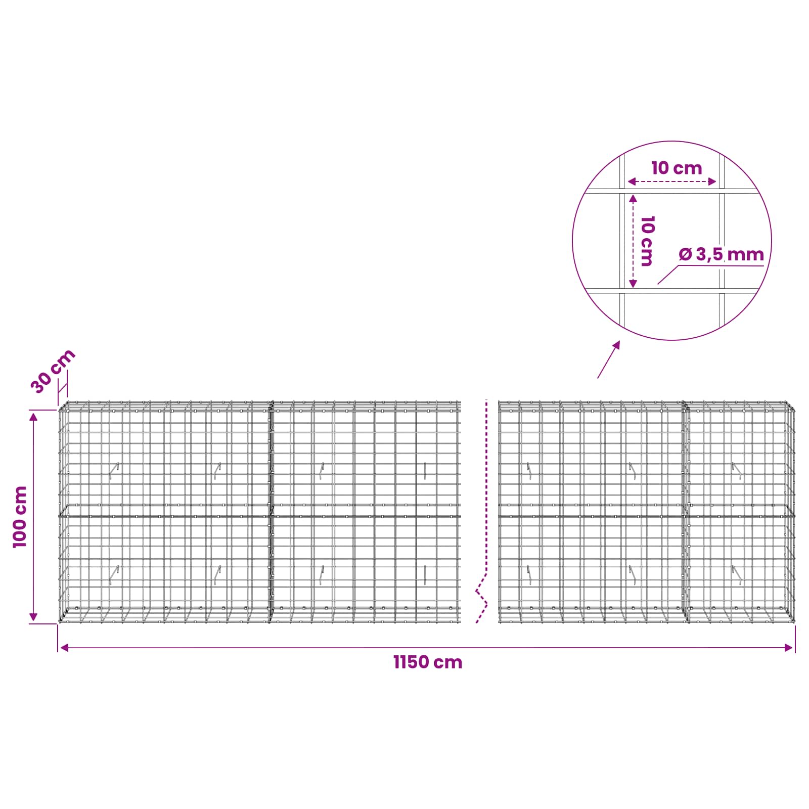 Gabion z žico 3,5 mm in mrežo 10x10 cm 1150x30x100 cm