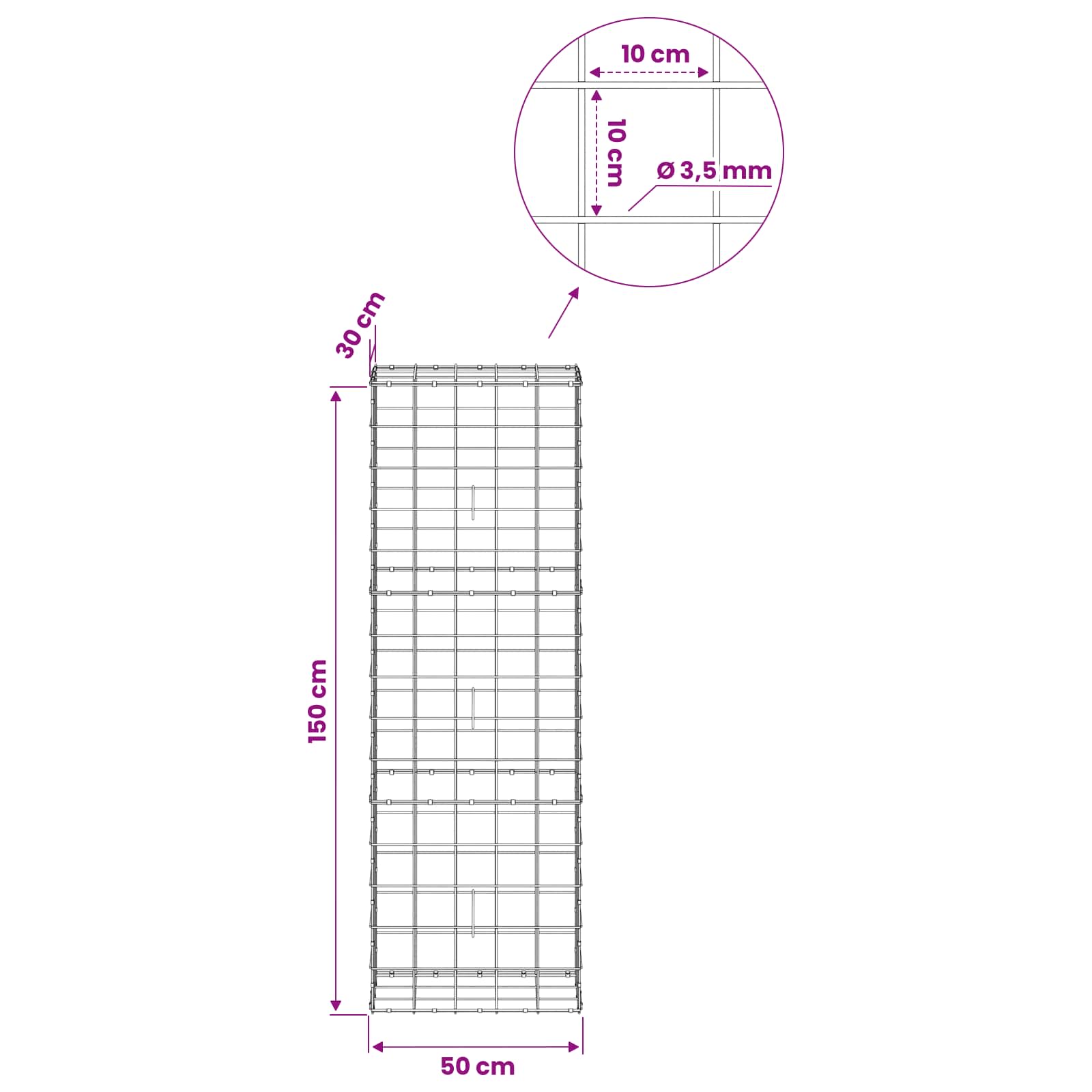 Gabion z žico 3,5 mm in mrežo 10x10 cm 50x30x150 cm