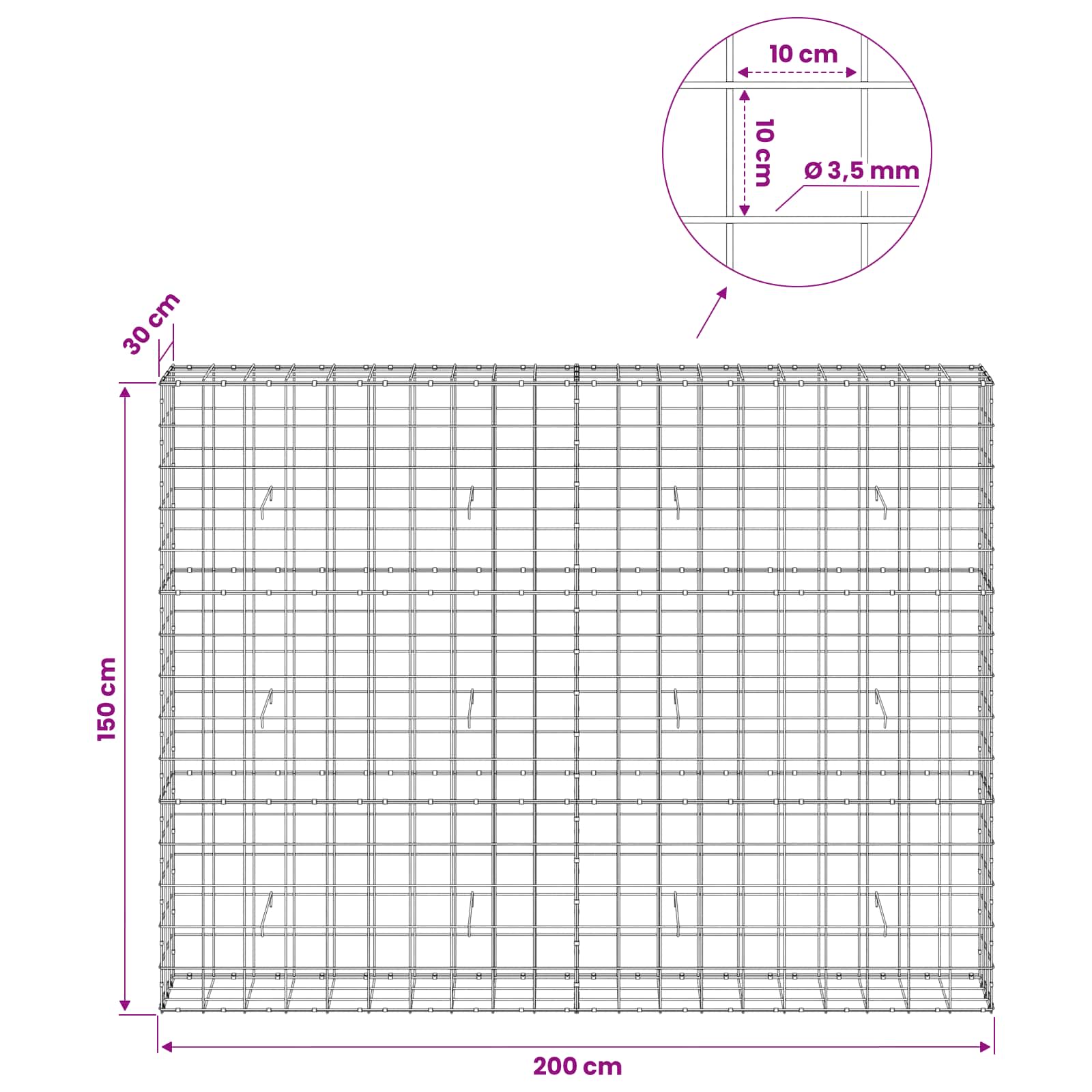 Gabion z žico 3,5 mm in mrežo 10x10 cm 200x30x150 cm