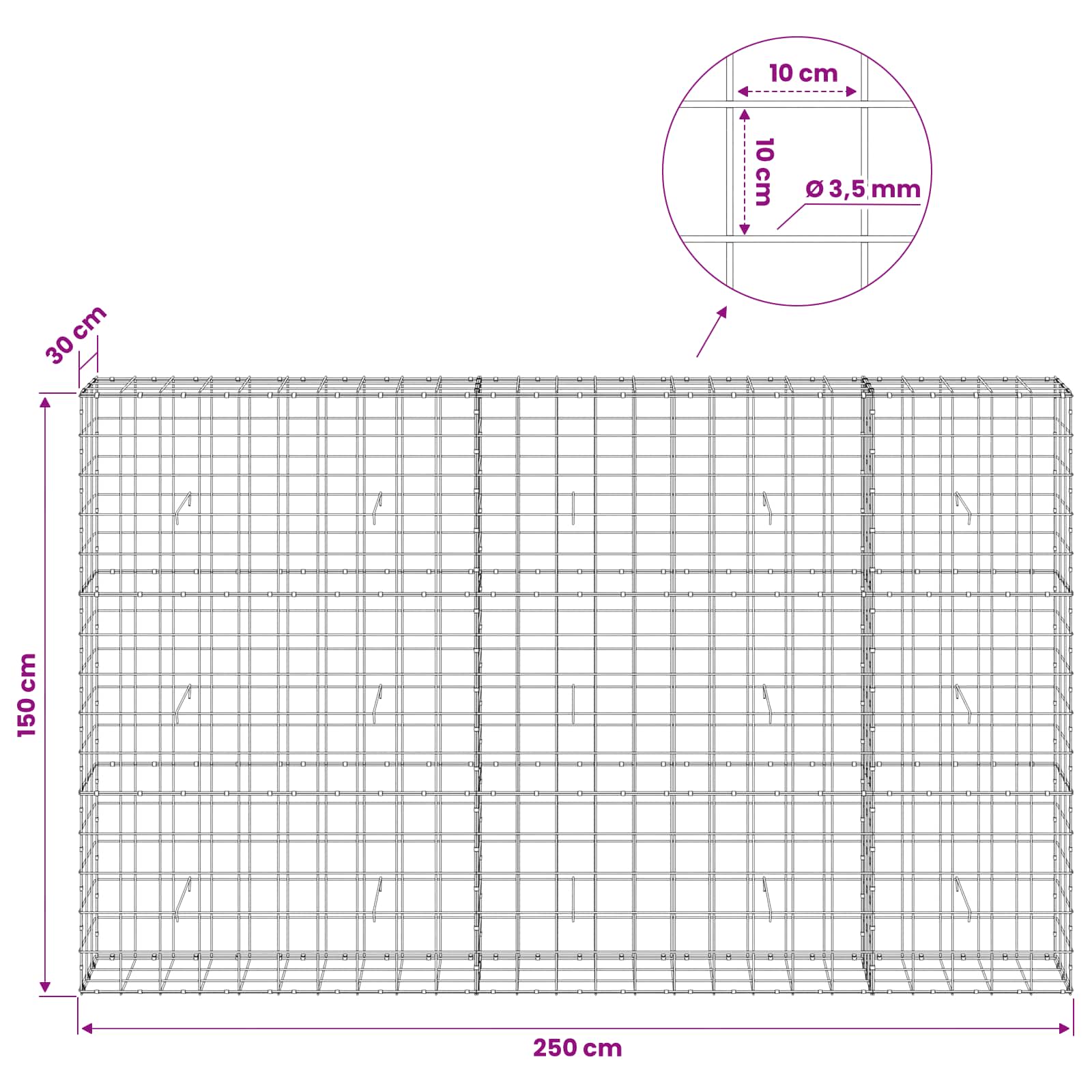 Gabion z žico 3,5 mm in mrežo 10x10 cm 250x30x150 cm